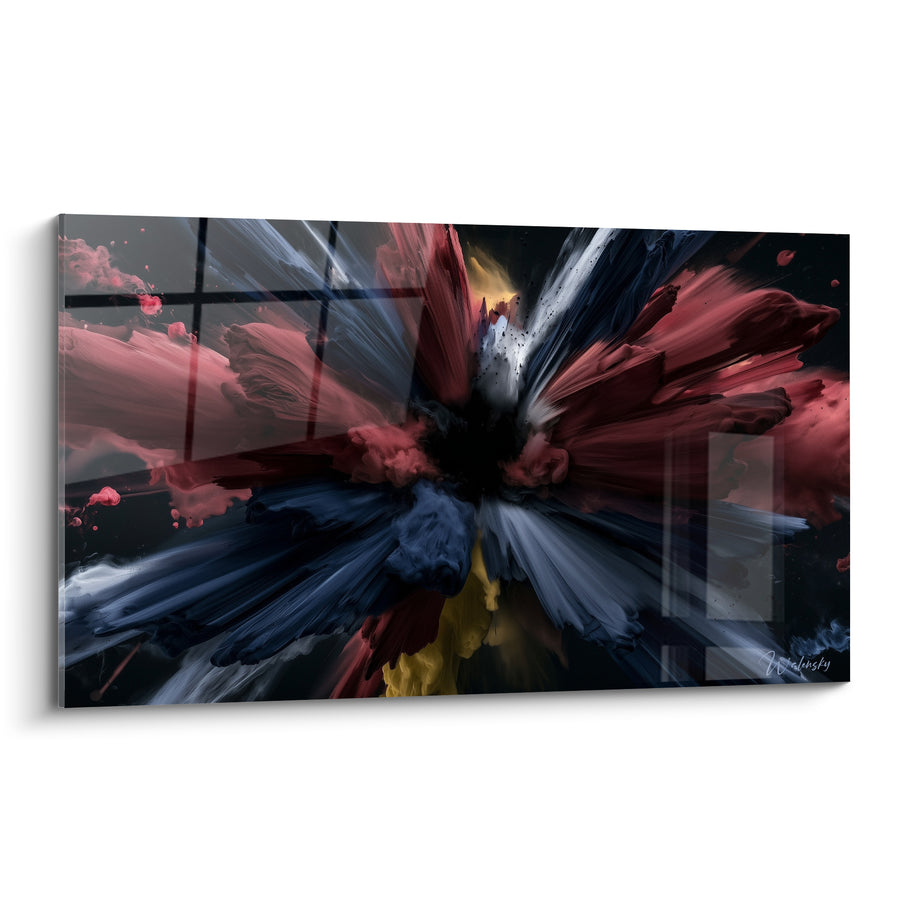 Blumenexplosion Rot und Marineblau mit schwarzen Spritzern - Fragmente aus durchscheinendem Glas - Künstlerische Edition abstrakt