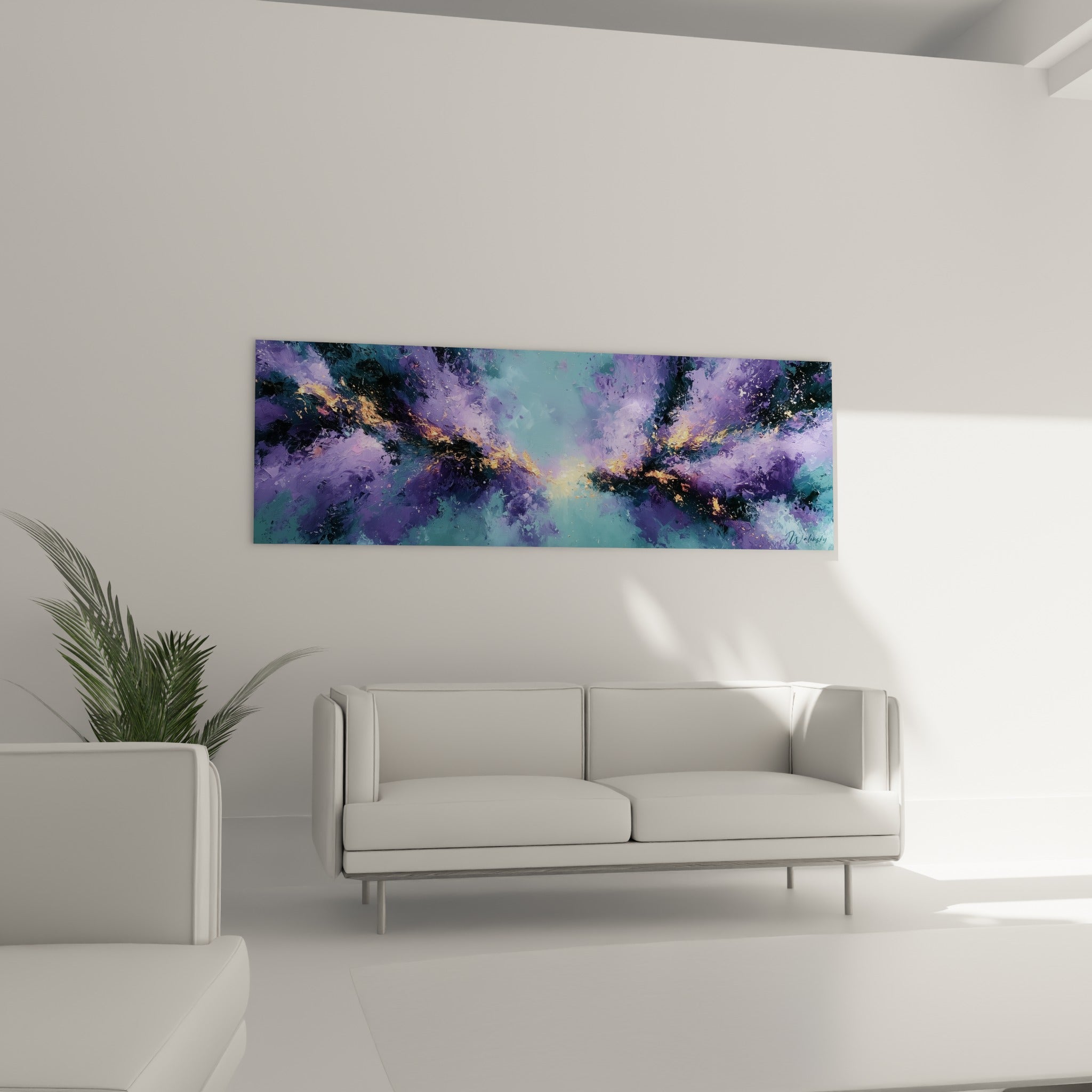 Formation cosmique mauve et bleu turquoise au-dessus d'un canapé dans un salon lumineux et aéré