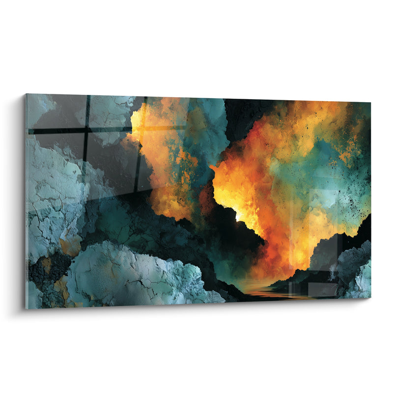 Tableau Crevasse rocheuse orange et sarcelle aux fissures noires - Passage embrasé - Edition Artistique abstrait
