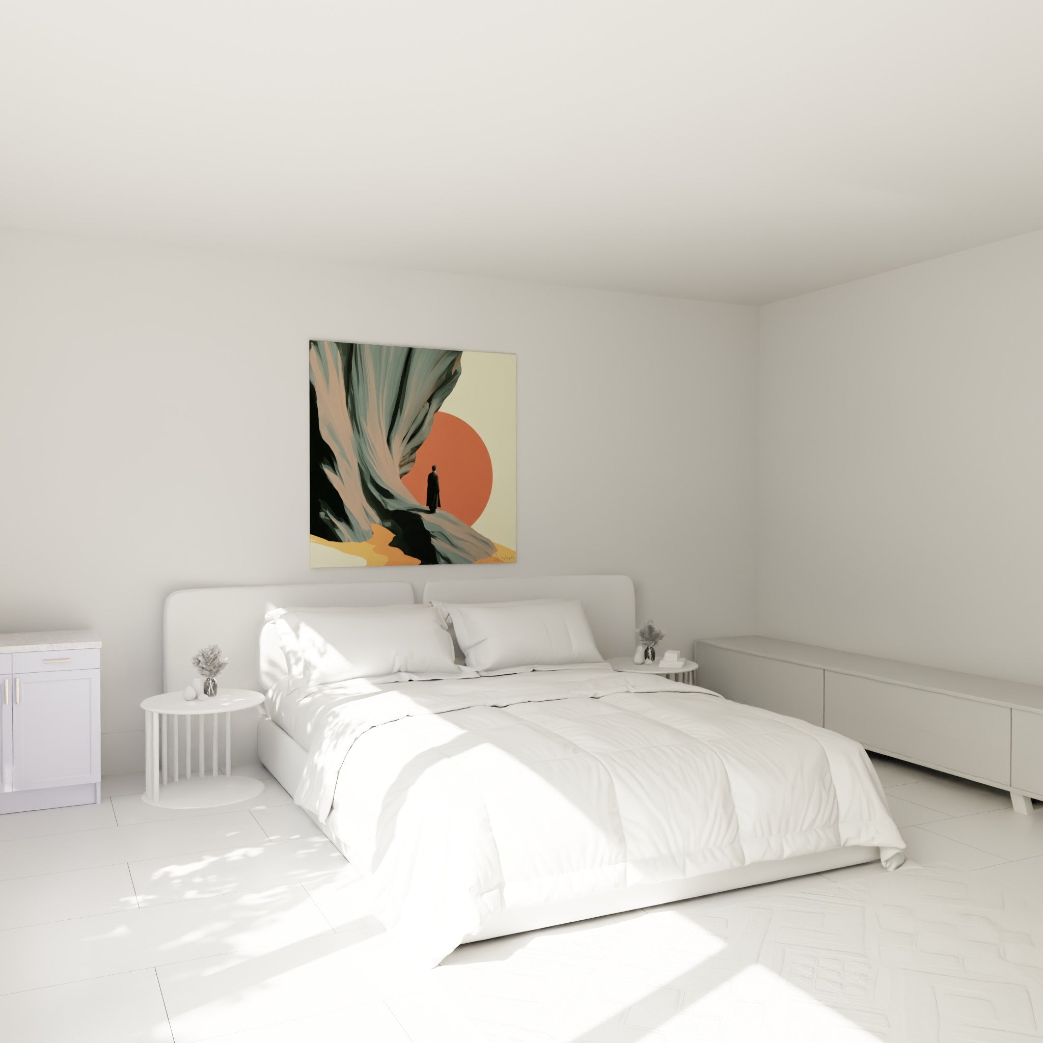 Personnage solitaire devant un soleil terracotta et une roche grise, au-dessus d'un lit dans une chambre claire