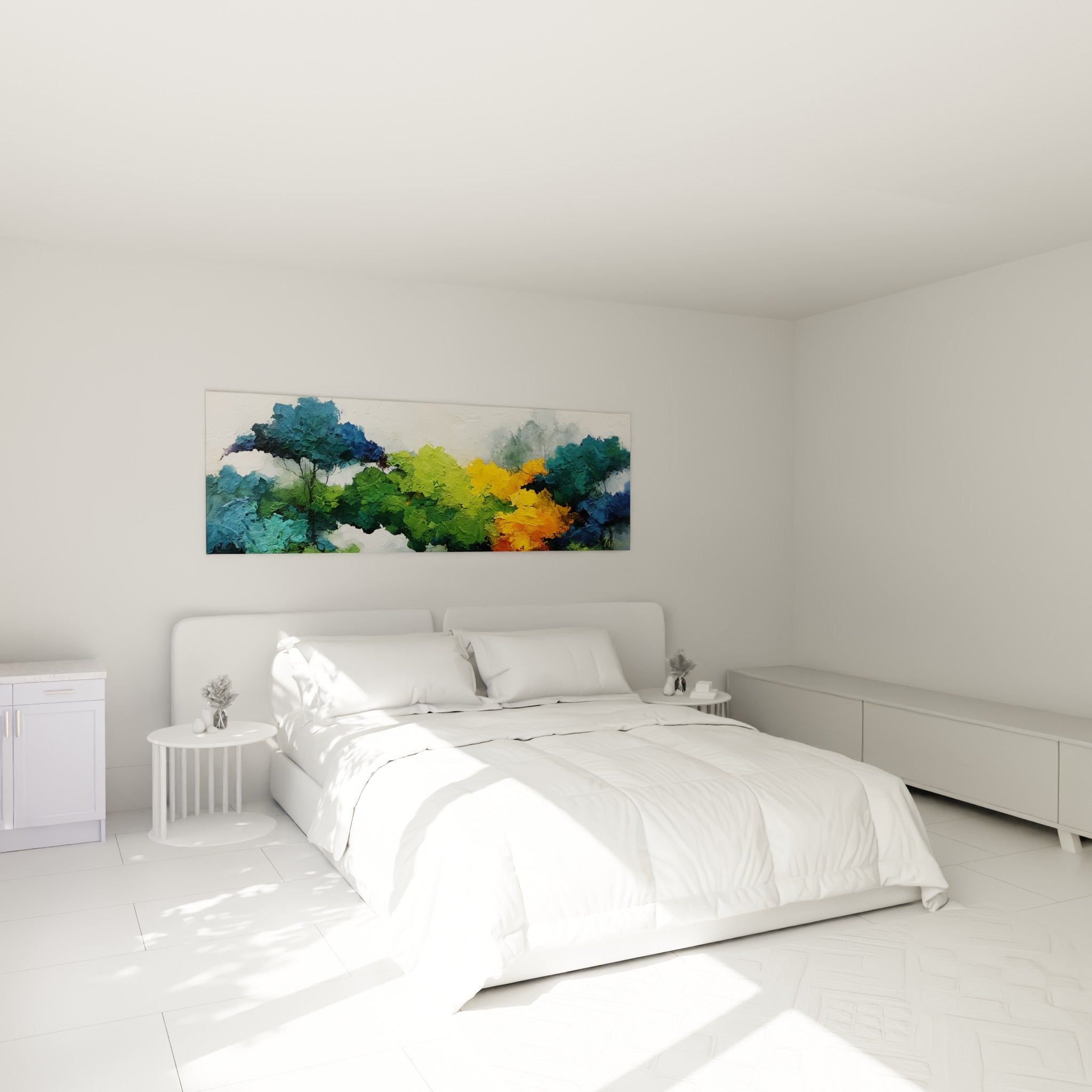 Clairière orangée entre feuillages bleu marine et vert vif, au-dessus d'un lit dans une chambre claire