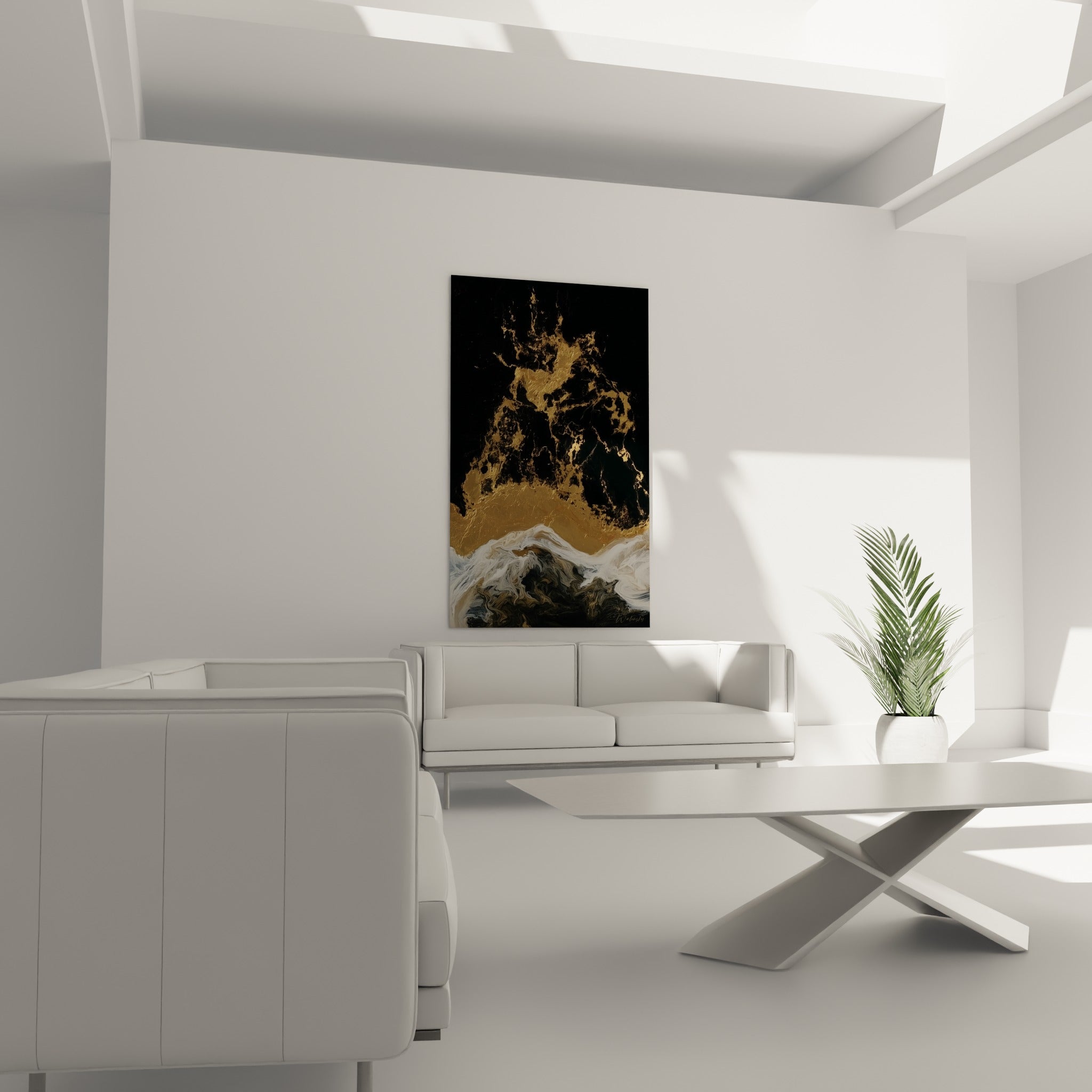Fissures dorées traversant un fond noir intense, disposées au-dessus d'un canapé dans un salon lumineux