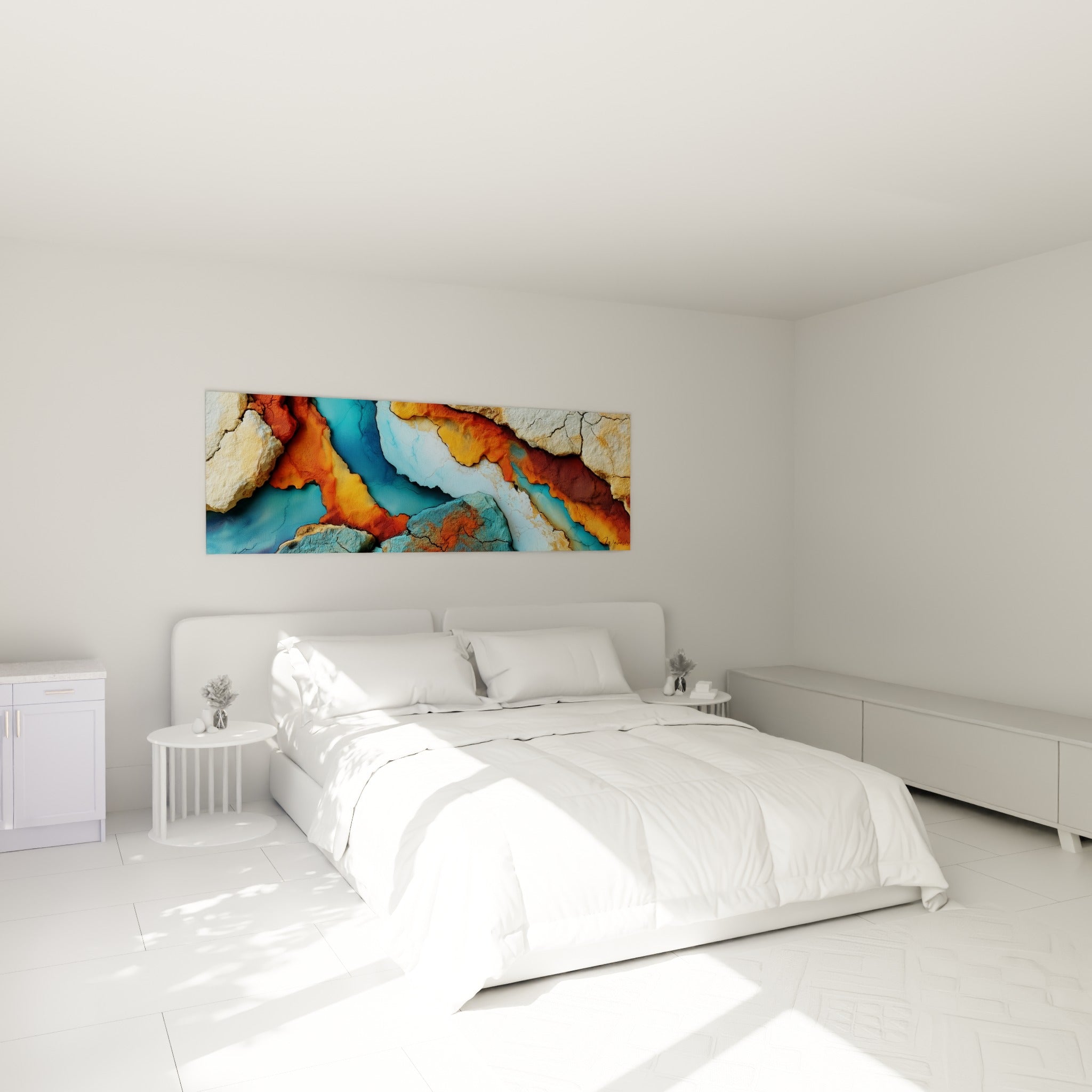 Fissures minérales bleu turquoise et ocre orangé, accrochées au-dessus d'un lit dans une chambre claire
