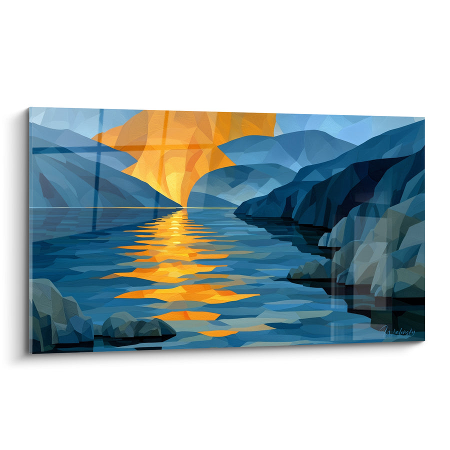 Goldenes Fjordbild mit Marineblauen Bergen - Goldene Stille - Künstlerische Edition Abstrakt