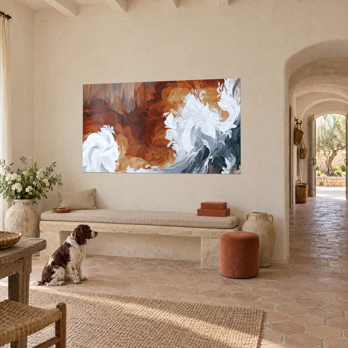 Tableau tourbillon d'écume ivoire et brun cuivré dans un mas provençal, spaniel assis près d'un banc de pierre