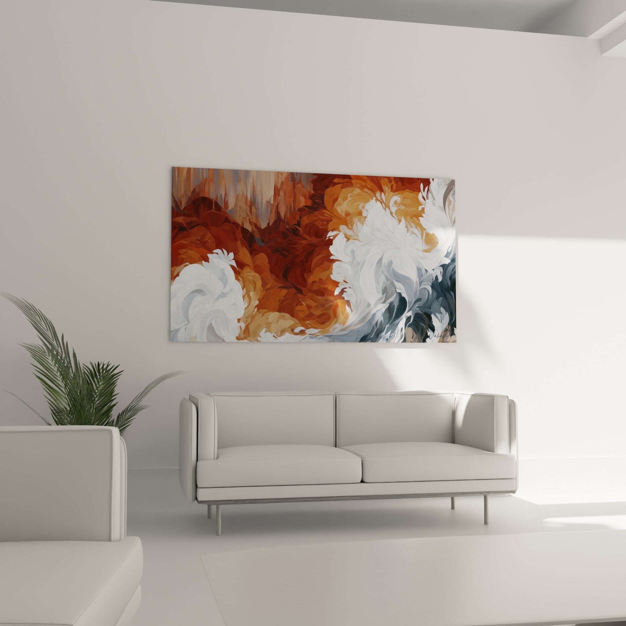 Composition anthracite et ocre aux courbes fluides, Artistique abstrait au-dessus d'un canapé dans un salon lumineux