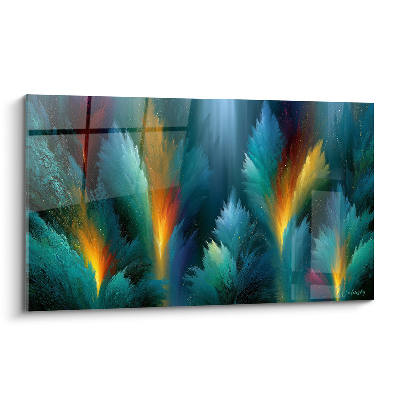 Tableau Flammes turquoise et dorées jaillissantes - Éveil nocturne - Edition Artistique abstrait