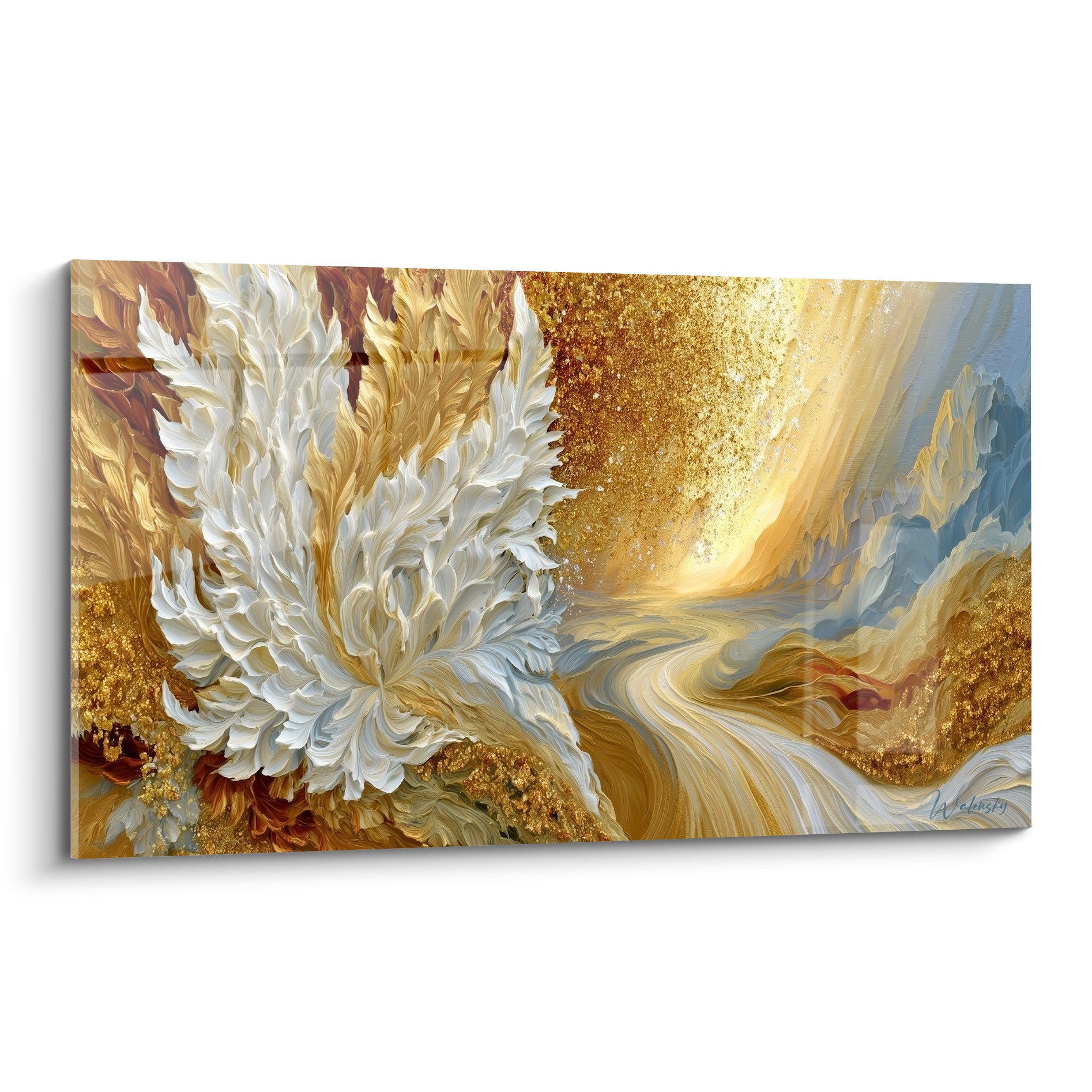 Fleur blanche texturée jaillissant sur fond doré et bleu pastel, style abstrait raffiné