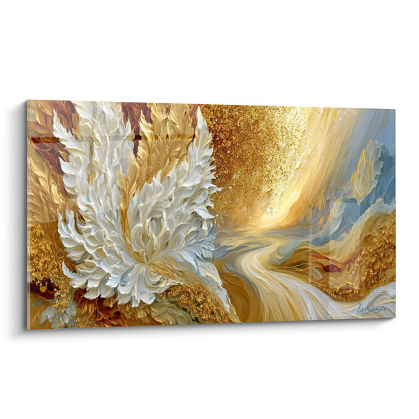 White Flower and Golden River Painting - Golden Awakening - Abstract Artistic Edition