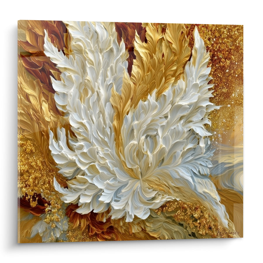 Blumenbild Weiß und Gold in voller Blüte - Goldenes Aufblühen - Künstlerische abstrakte Edition