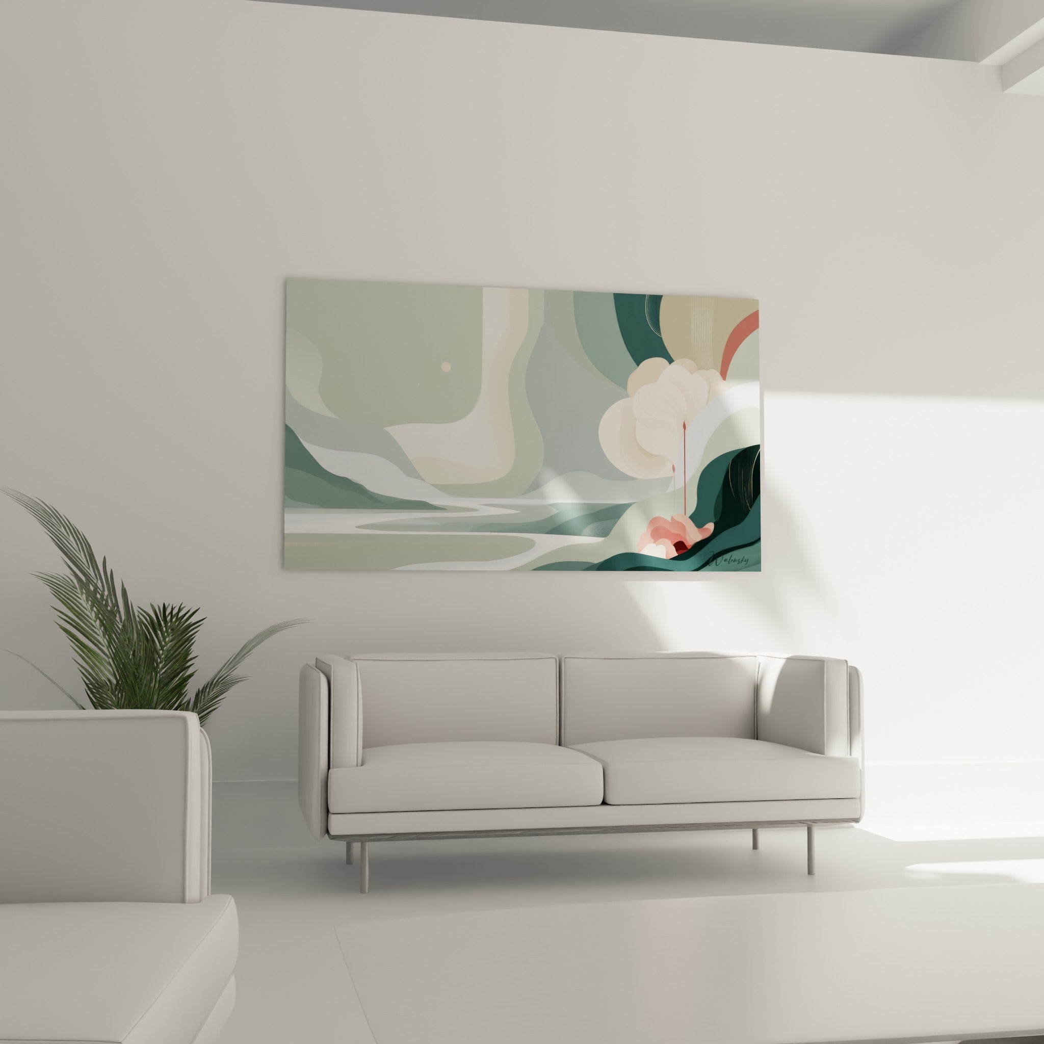 Forme florale rose poudré et goutte carminée surplombant un canapé dans un salon lumineux