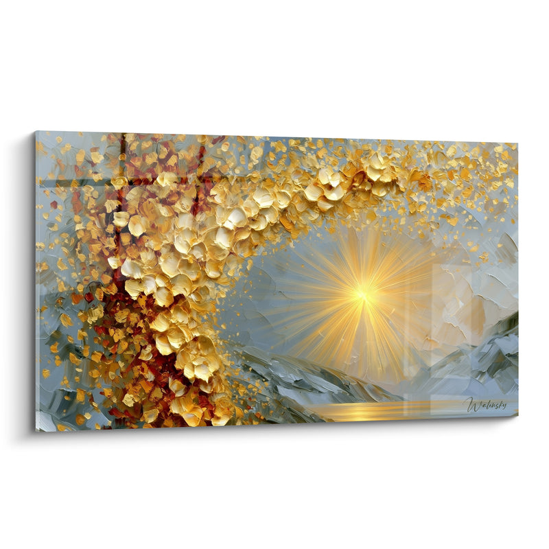 Tableau Branche fleurie dorée et soleil gris - Lumière renaissante - Edition Artistique abstrait