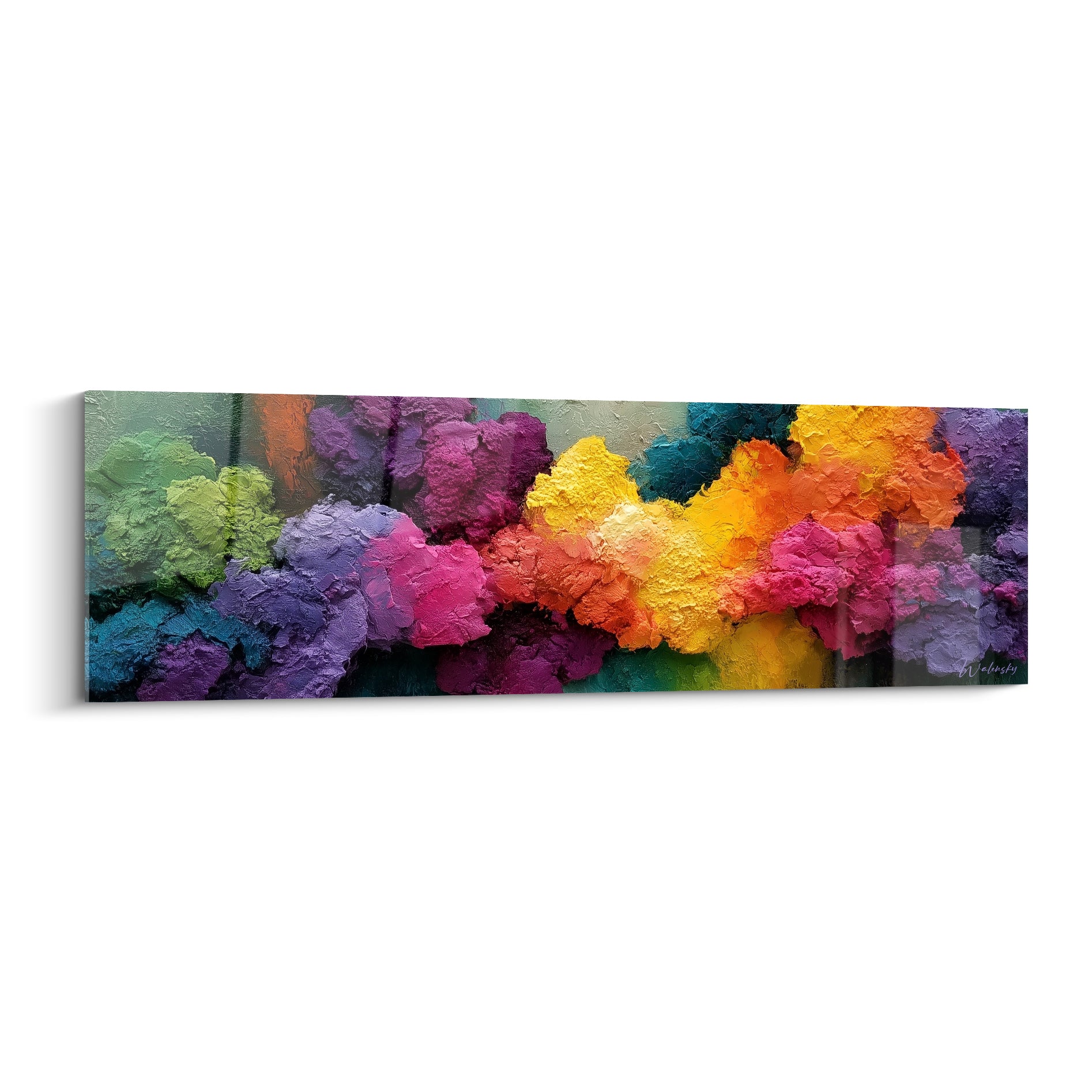 Nuées florales jaunes et violettes, tableau artistique abstrait aux reliefs texturés épais