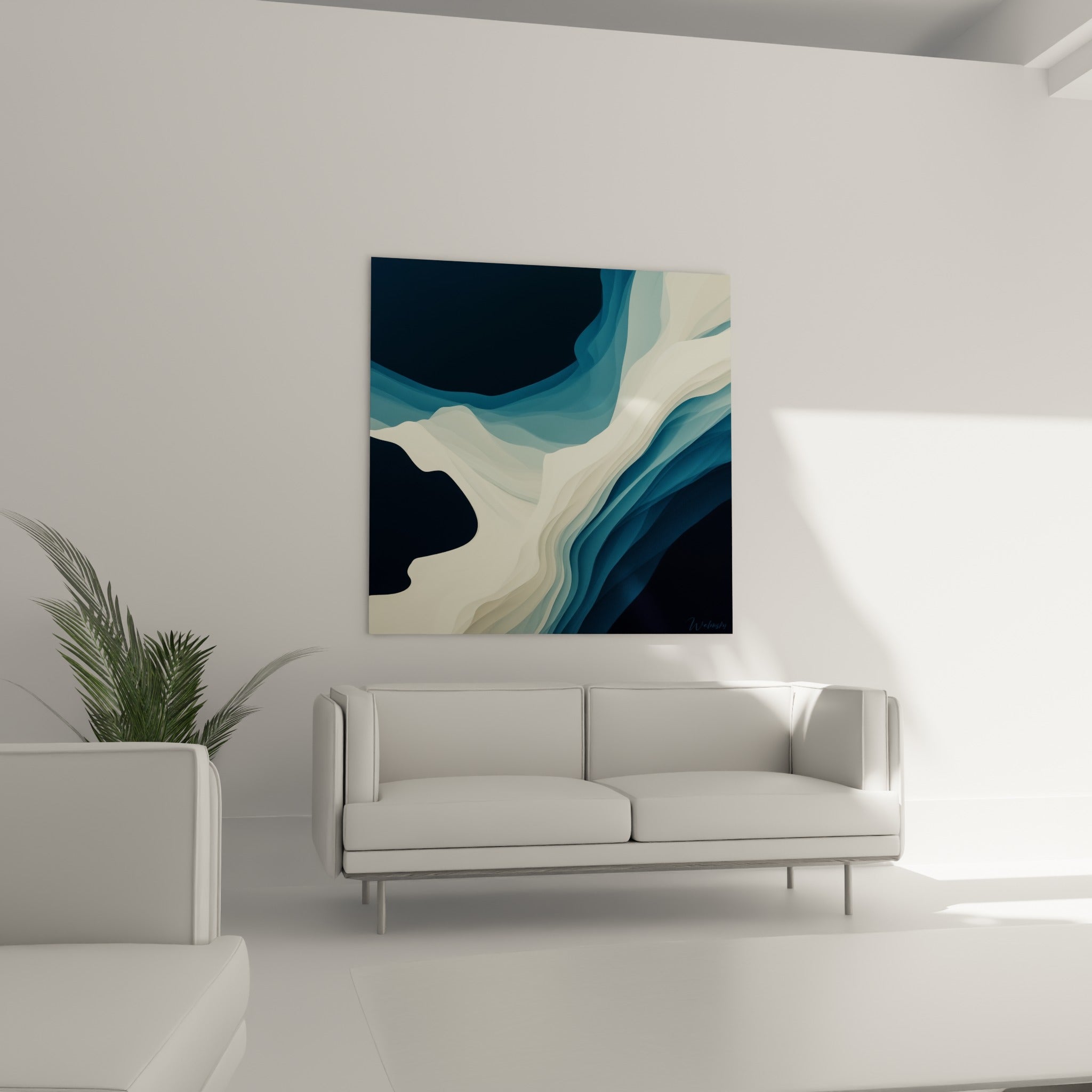 Flux sinueux bleu nuit et blanc cassé se déployant en vagues, au-dessus d'un canapé dans un salon lumineux