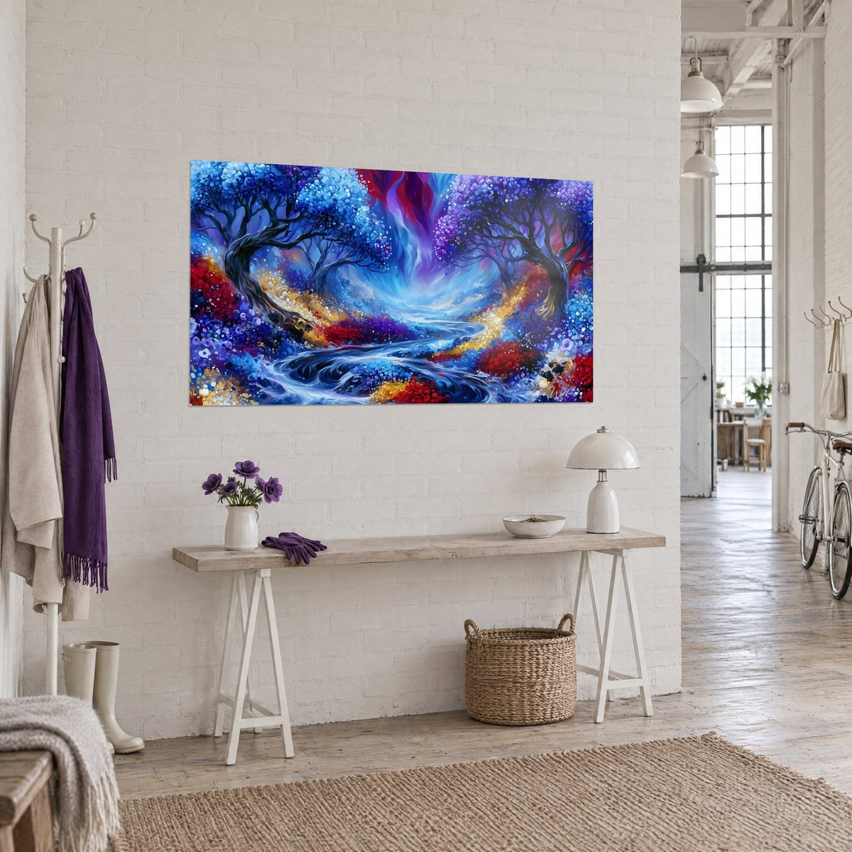 Wall art enchanted path with twisted black trunks, purple and blue foliage, stream of white foam, seen at three-quarter angle in a loft