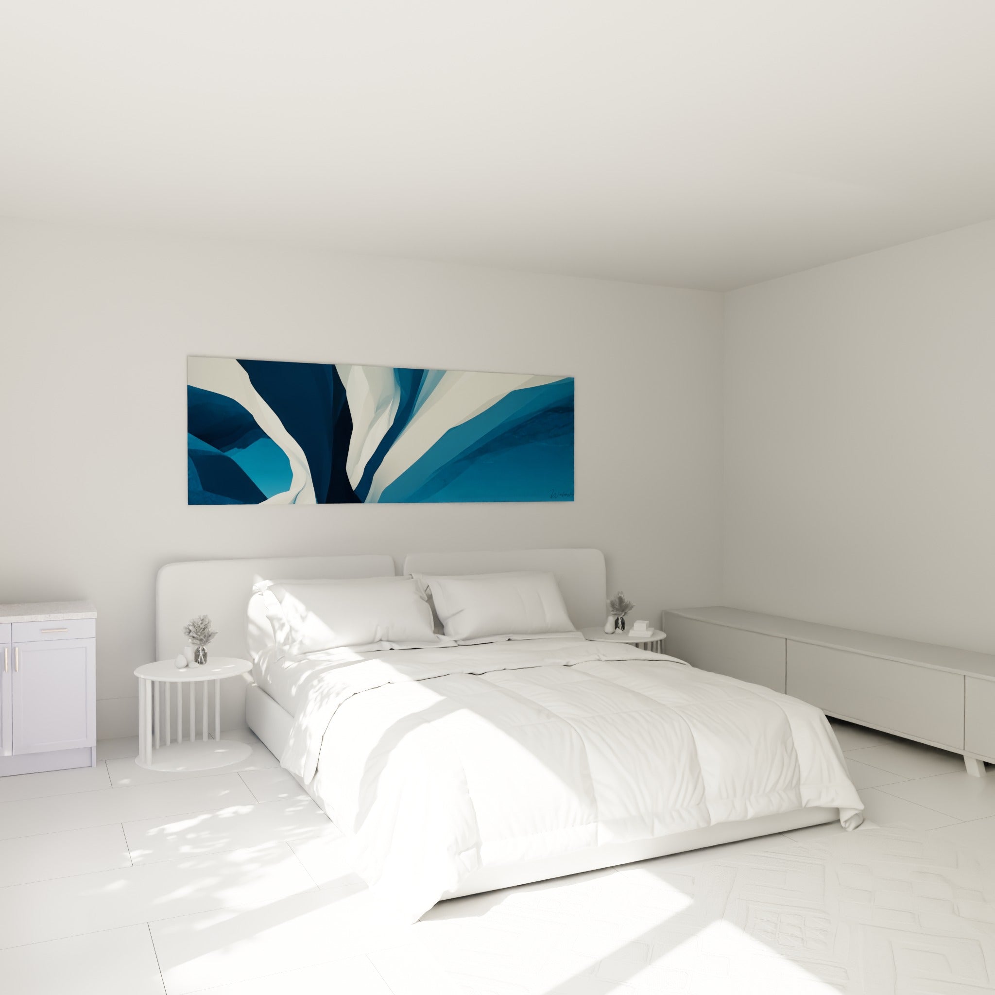 Formes fluides bleu marine et blanc cassé du tableau artistique abstrait au-dessus d'un lit dans une chambre claire