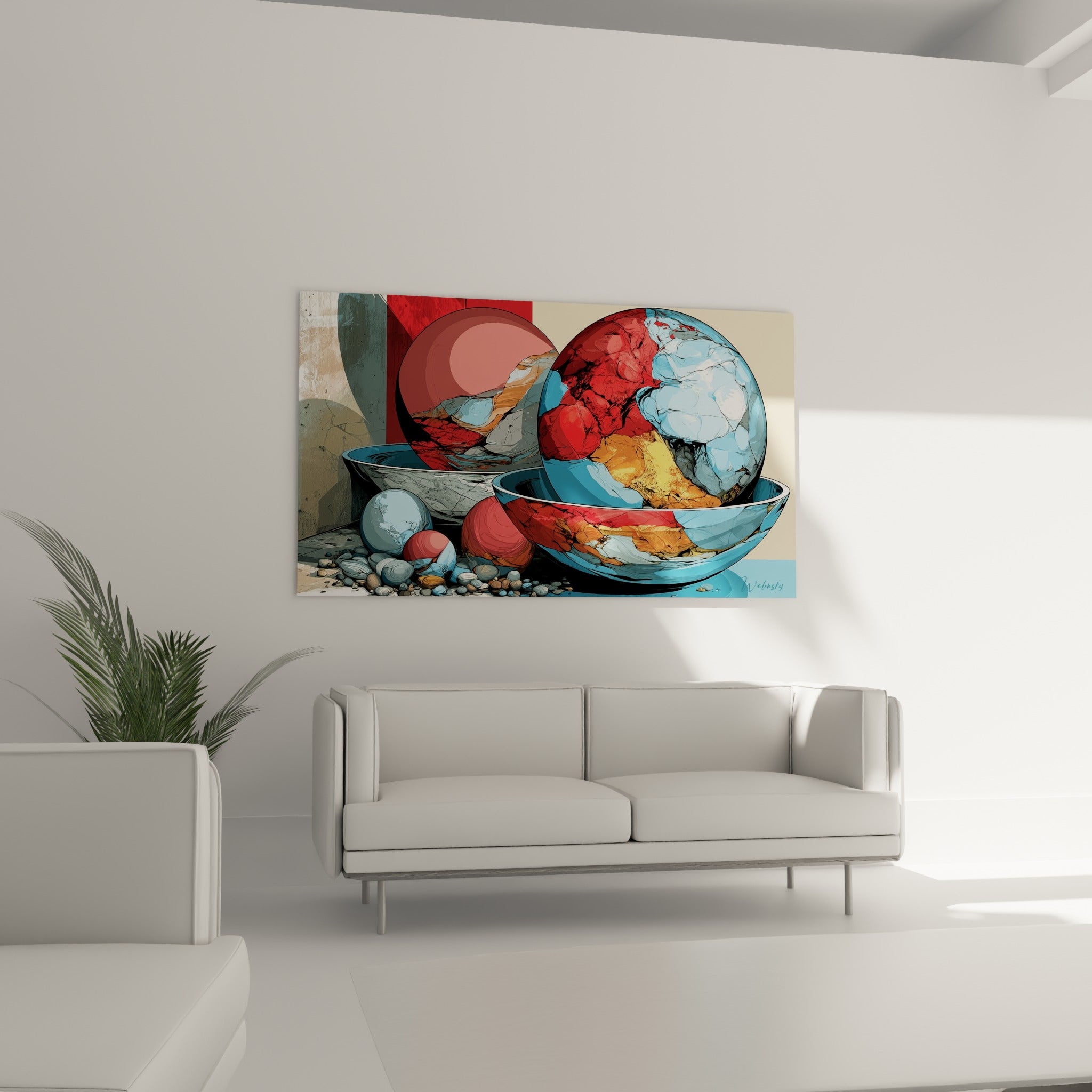 Fragments minéraux rouge intense et bleu glacé disposés en coupelles, au-dessus d'un canapé dans un salon lumineux