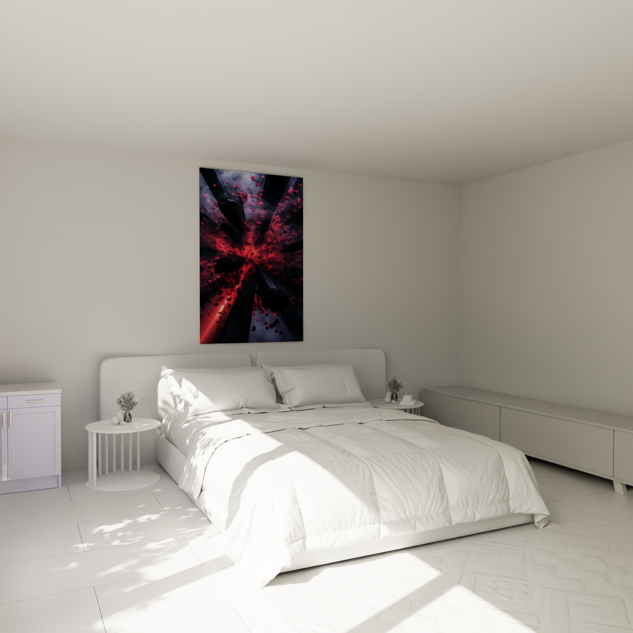 Déflagration rouge et grise aux fragments noirs, accrochée au-dessus d'un lit dans une chambre claire