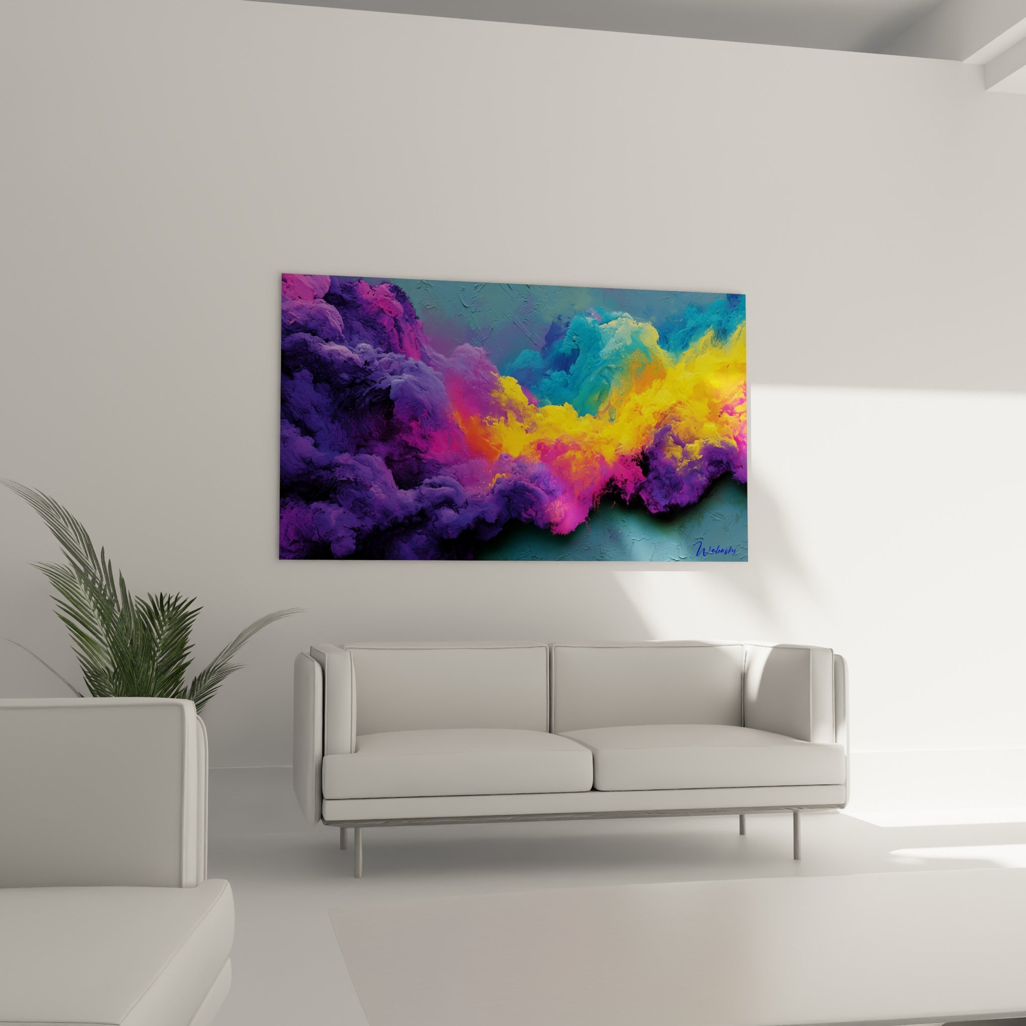 Fusion chromatique fuchsia et turquoise d'une œuvre abstraite au-dessus d'un canapé dans un salon lumineux