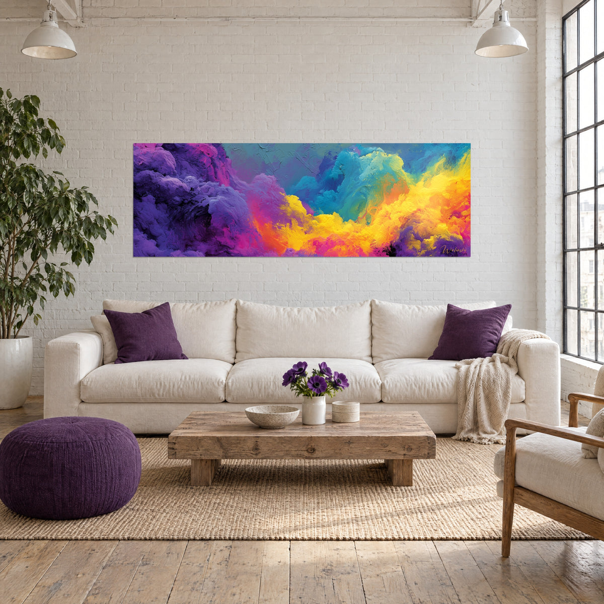 Gemälde mit violetten und goldenen Rauchwolken, leuchtendem Gelb und Türkis auf Panorama-Leinwand, über einem Sofa in einem hellen Wohnzimmer
