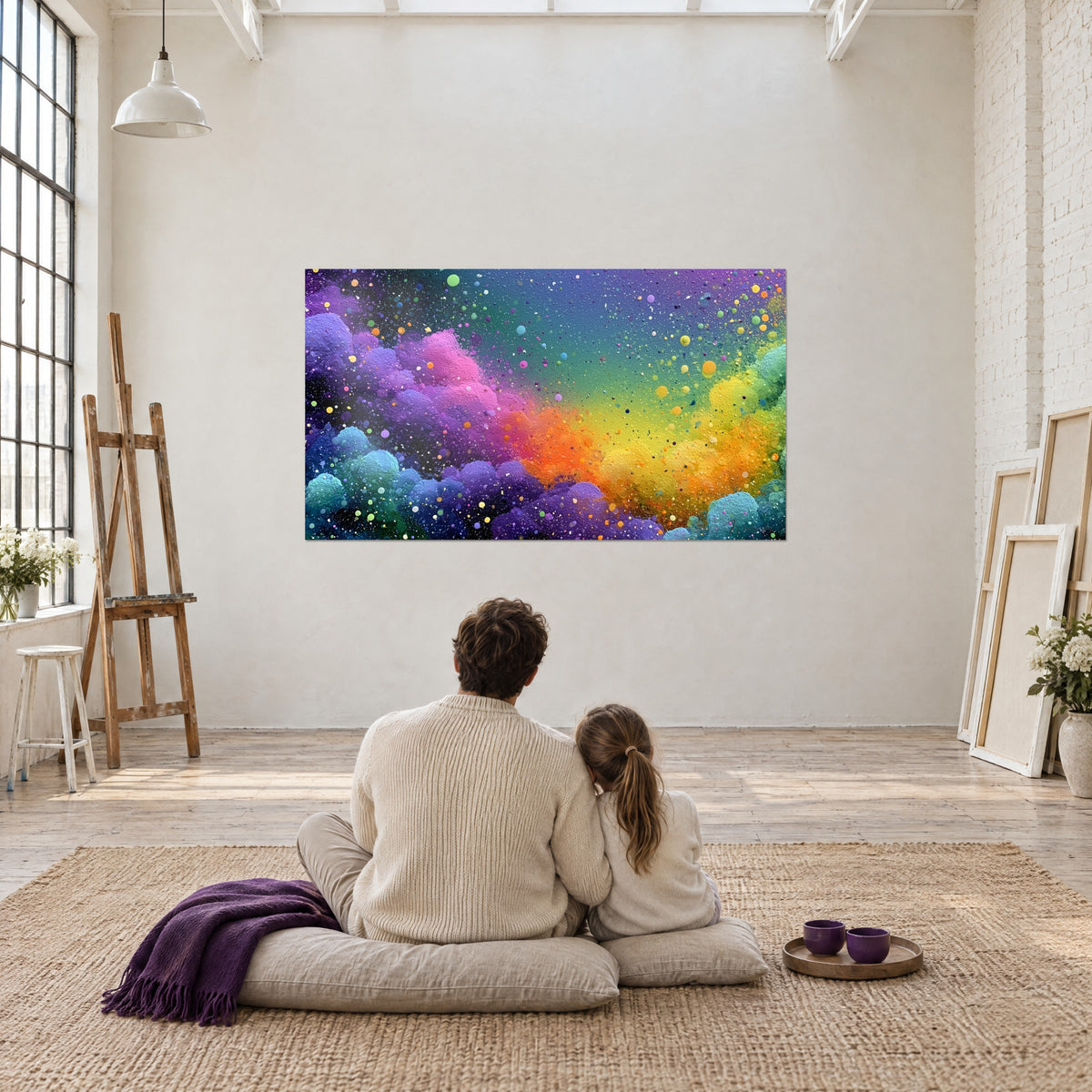 Gemälde Regenbogen-Milchstraße mit violetten, türkisfarbenen und gelben Wolken, betrachtet von zwei Personen von hinten, die auf einem Kissen sitzen