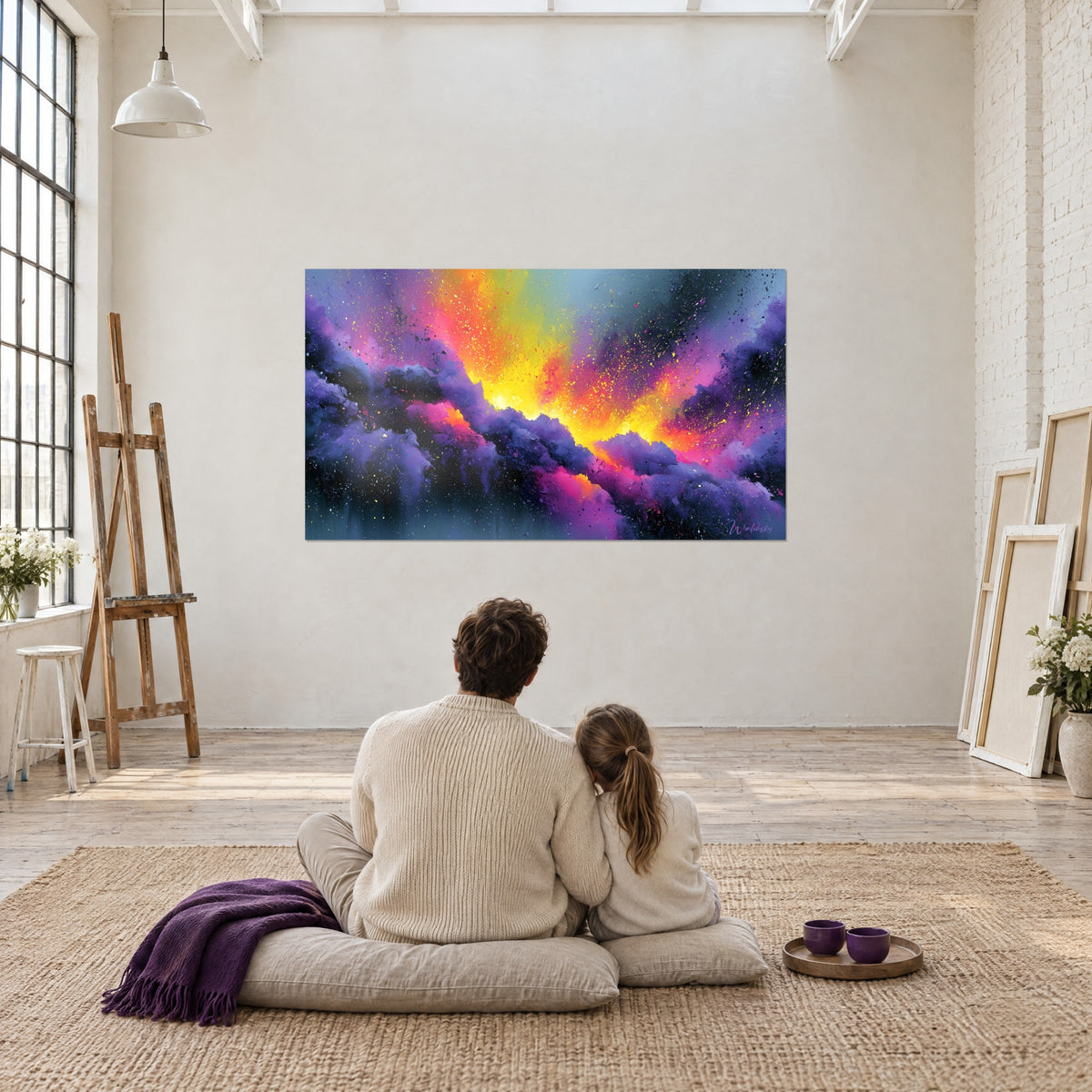 Wall art galaxy painted with a palette knife, lemon-yellow core and violet clouds, admired by a couple seen from behind, seated on cushions in a loft
