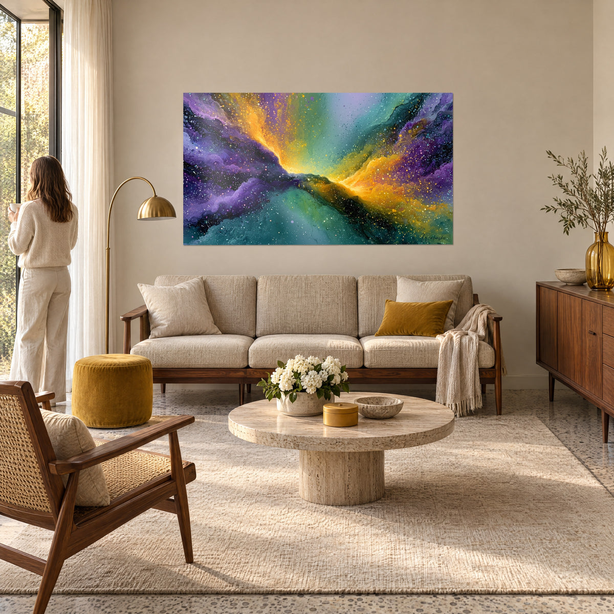 Gemälde Nebel in Violett mit goldener Furche, Sternenstaub auf grünem Grund, Frau von hinten, über einem Sofa in einem hellen Wohnzimmer