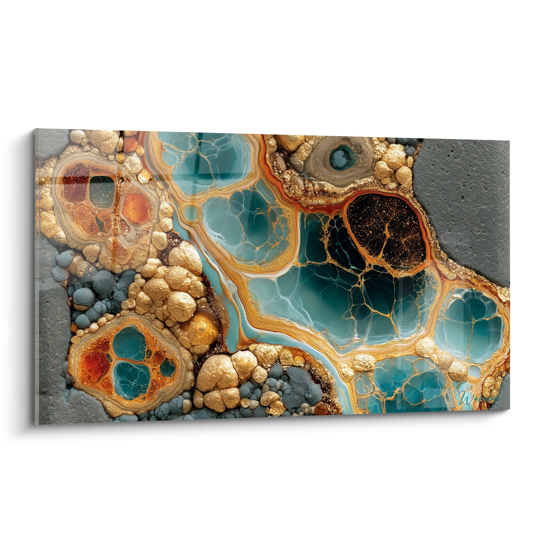 Géode fendue turquoise et dorée, cellules alvéolées sur fond de pierre grise, tableau artistique abstrait