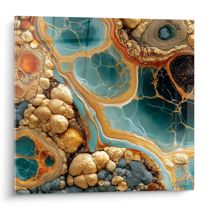 Tableau Géode turquoise et dorée aux veines minérales - Trésor minéral - Edition Artistique abstrait