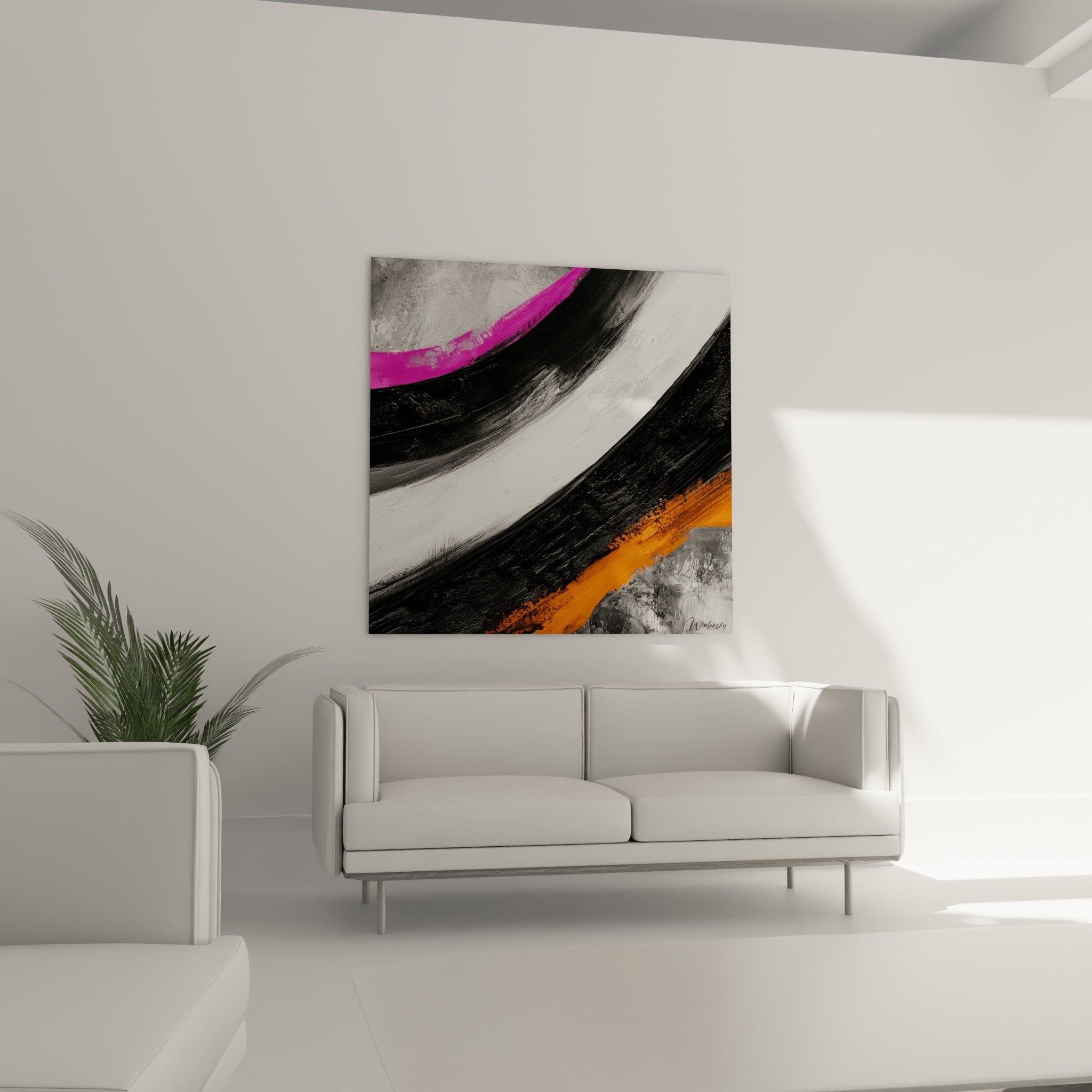 Geste ample noir et blanc d'un tableau artistique abstrait avec touche orange, au-dessus d'un canapé dans un salon lumineux