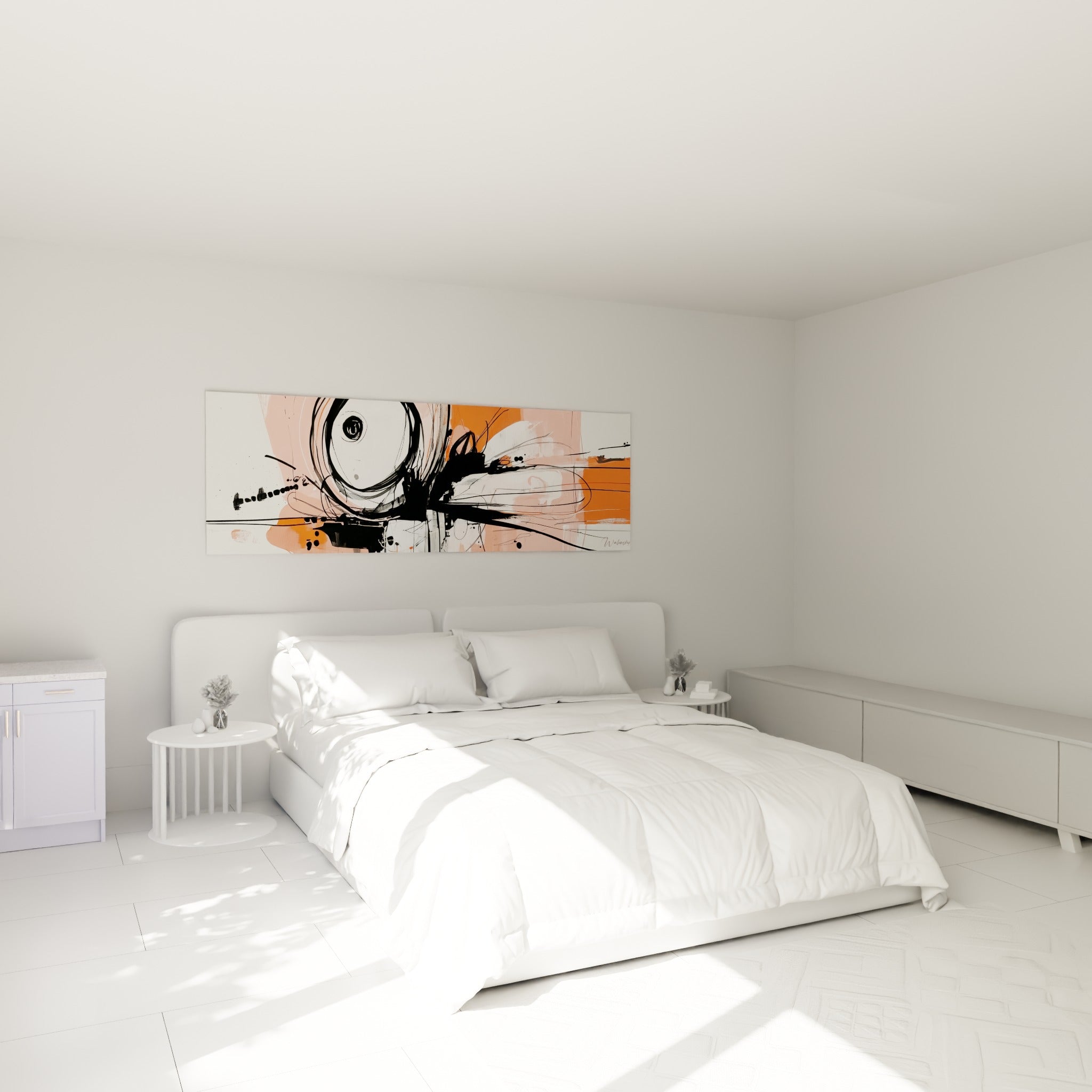 Composition abstraite corail et noire au tracé gestuel, au-dessus d'un lit dans une chambre claire