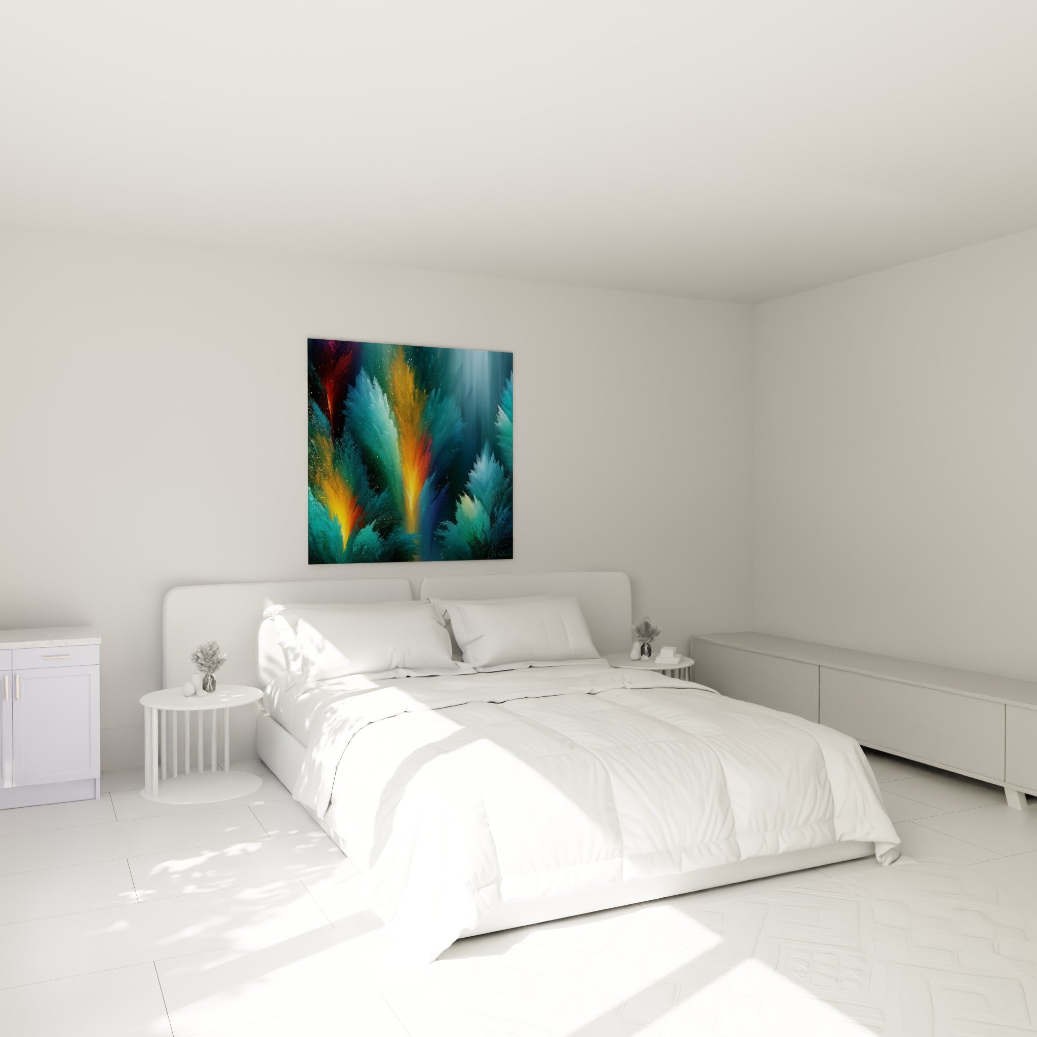 Flammes orangées et bleu marine composent ce tableau abstrait, au-dessus d'un lit dans une chambre claire
