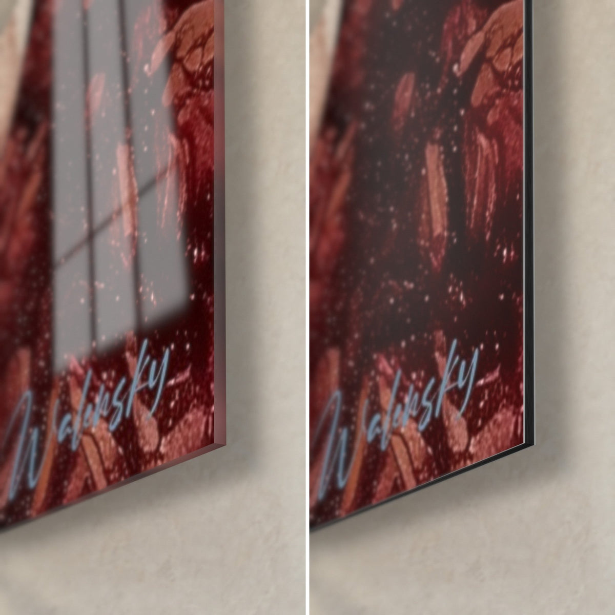 Schilderij met verhoogde gouden cirkels, rechtsonder hoek van glanzend glas en mat Dibond, paars en donkerrood, 3 mm rand