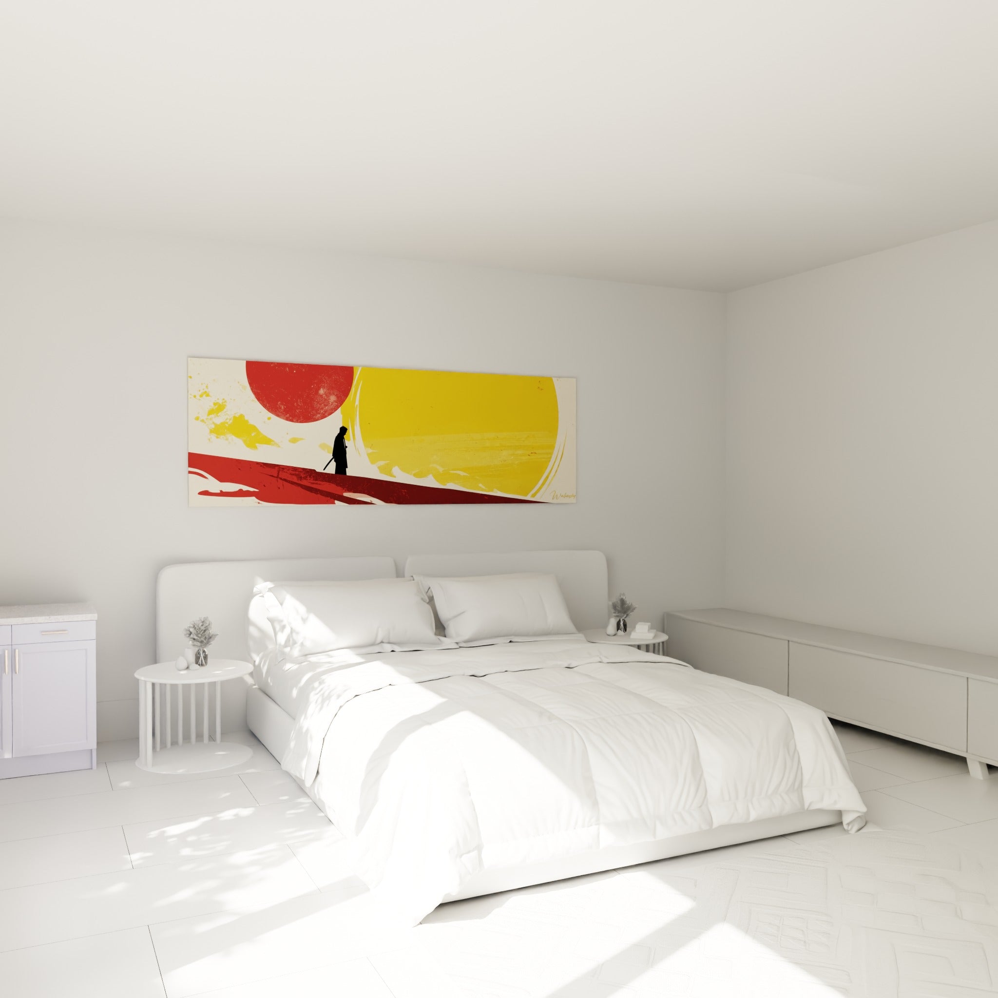 Guerrier solitaire aux tons rouge et ocre, accroché au-dessus d'un lit dans une chambre claire