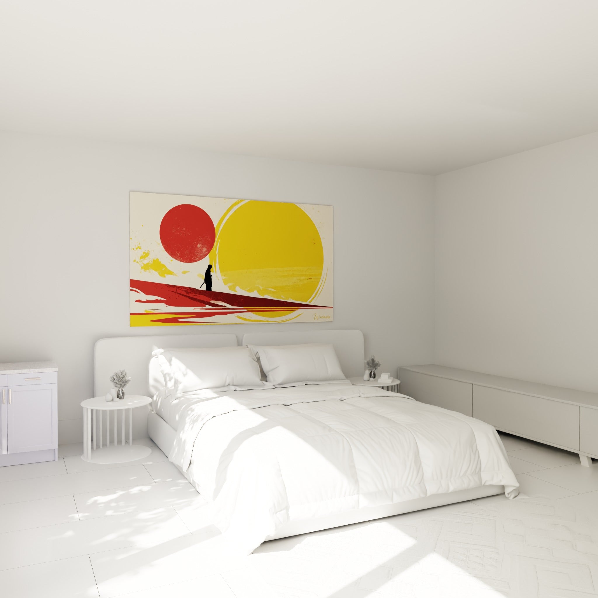 Guerrier solitaire aux teintes rouge et doré, accroché au-dessus d'un lit dans une chambre claire
