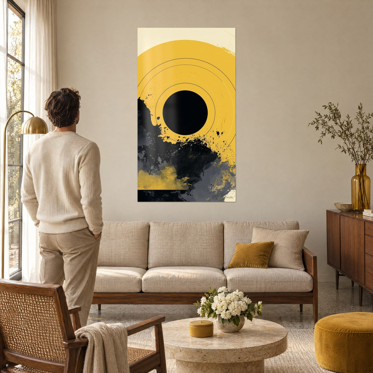 Tableau disque noir cerné d'anneaux fins sur fond jaune moutarde, éclaboussures grises, homme de dos, au-dessus d'un canapé dans un salon lumineux