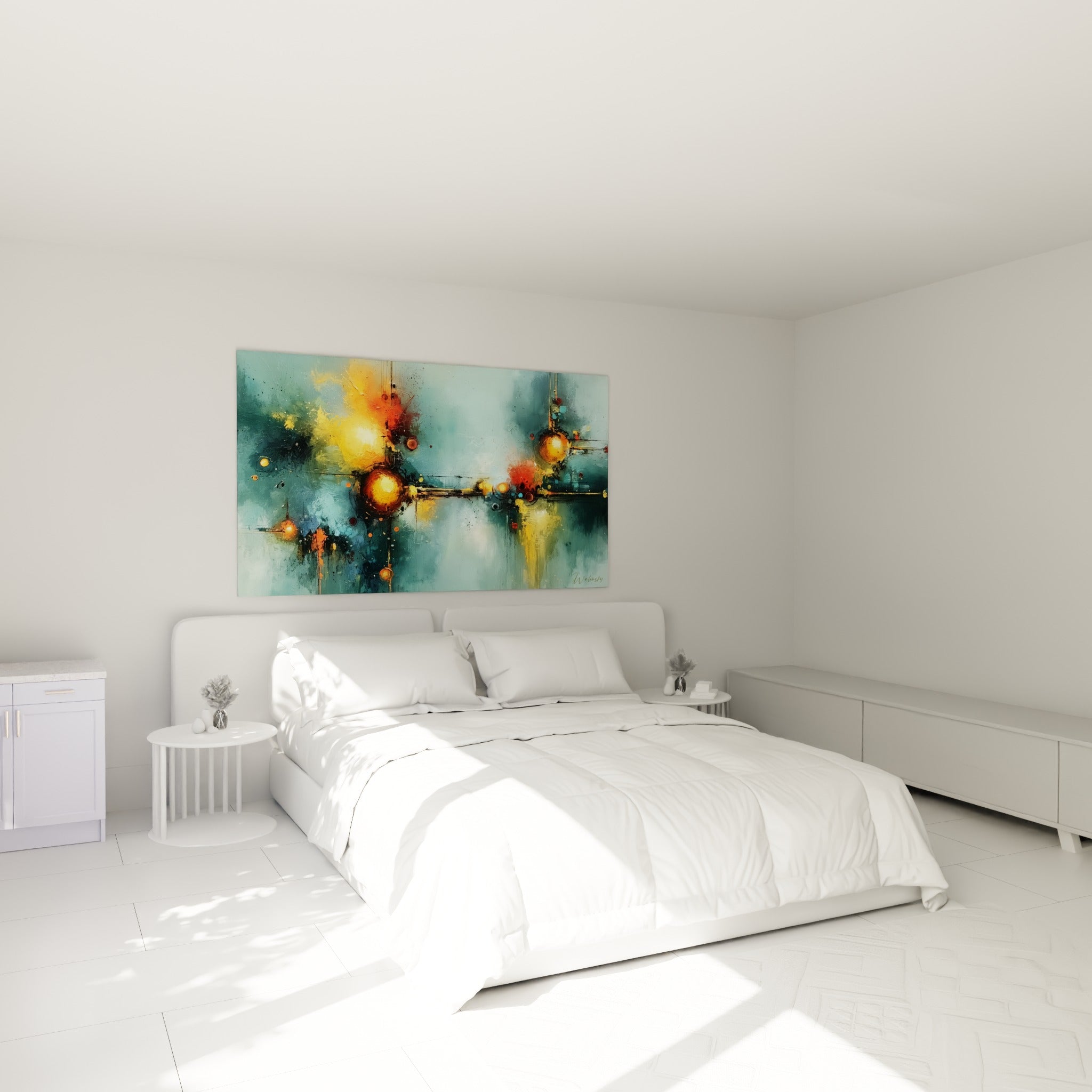Éclats orangés et fond bleu sarcelle d'une œuvre abstraite au-dessus d'un lit dans une chambre claire