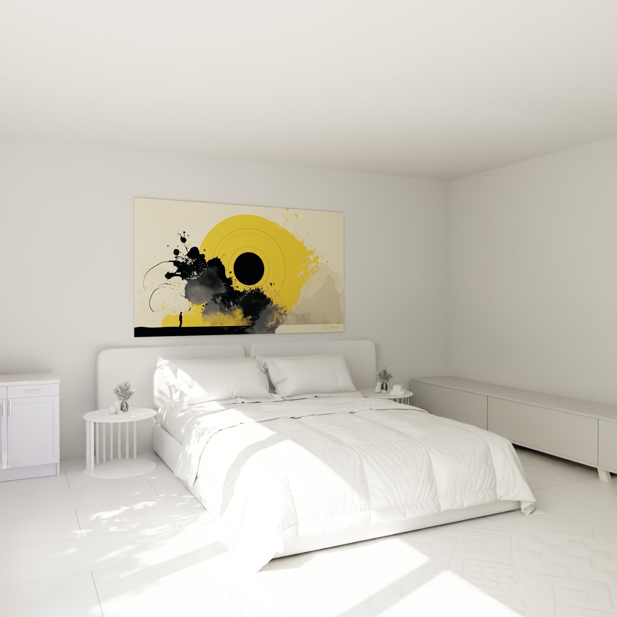 Homme minuscule devant un cercle doré et noir, tableau accroché au-dessus d'un lit dans une chambre claire