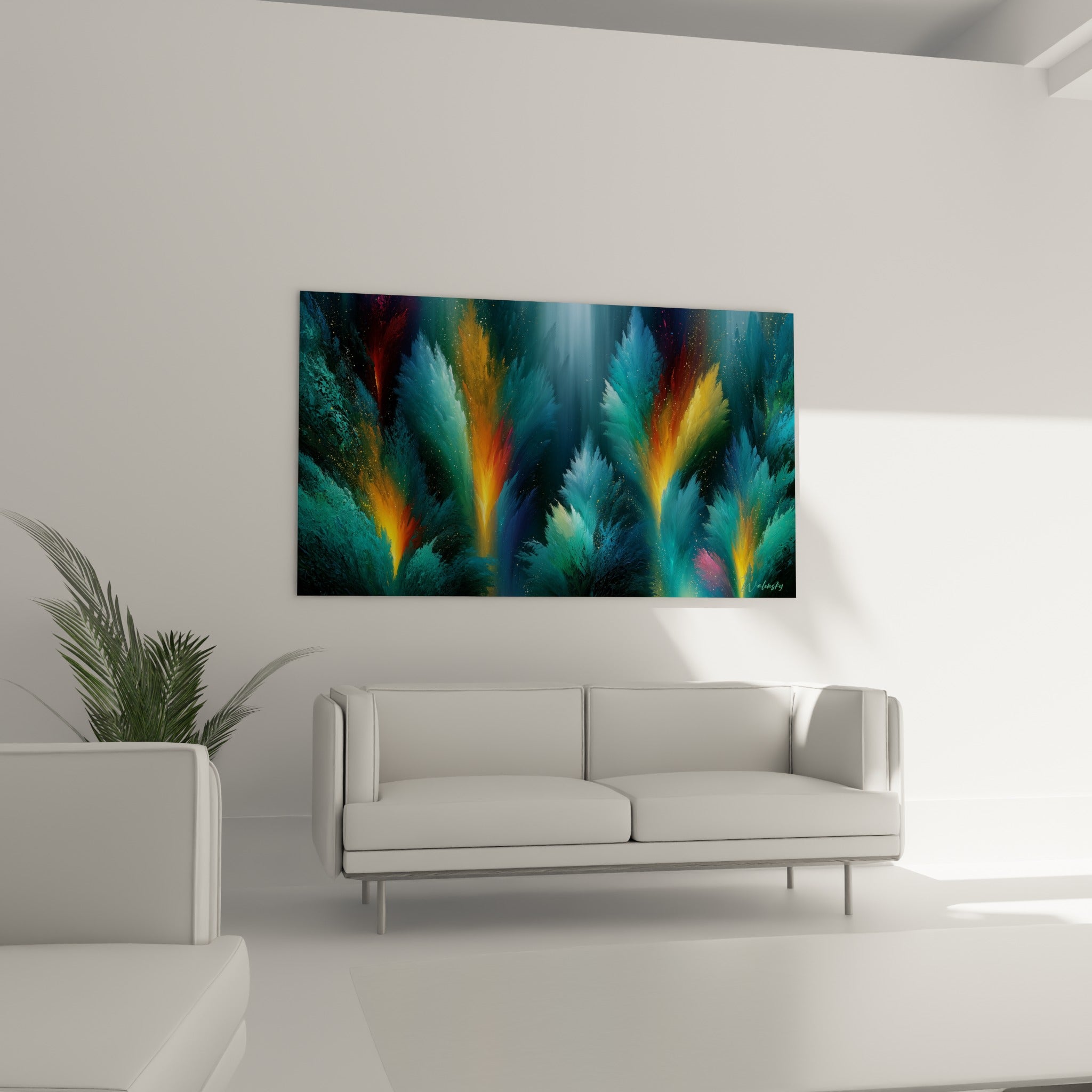 Panaches lumineux dorés et bleu marine de ce tableau artistique abstrait, au-dessus d'un canapé dans un salon lumineux