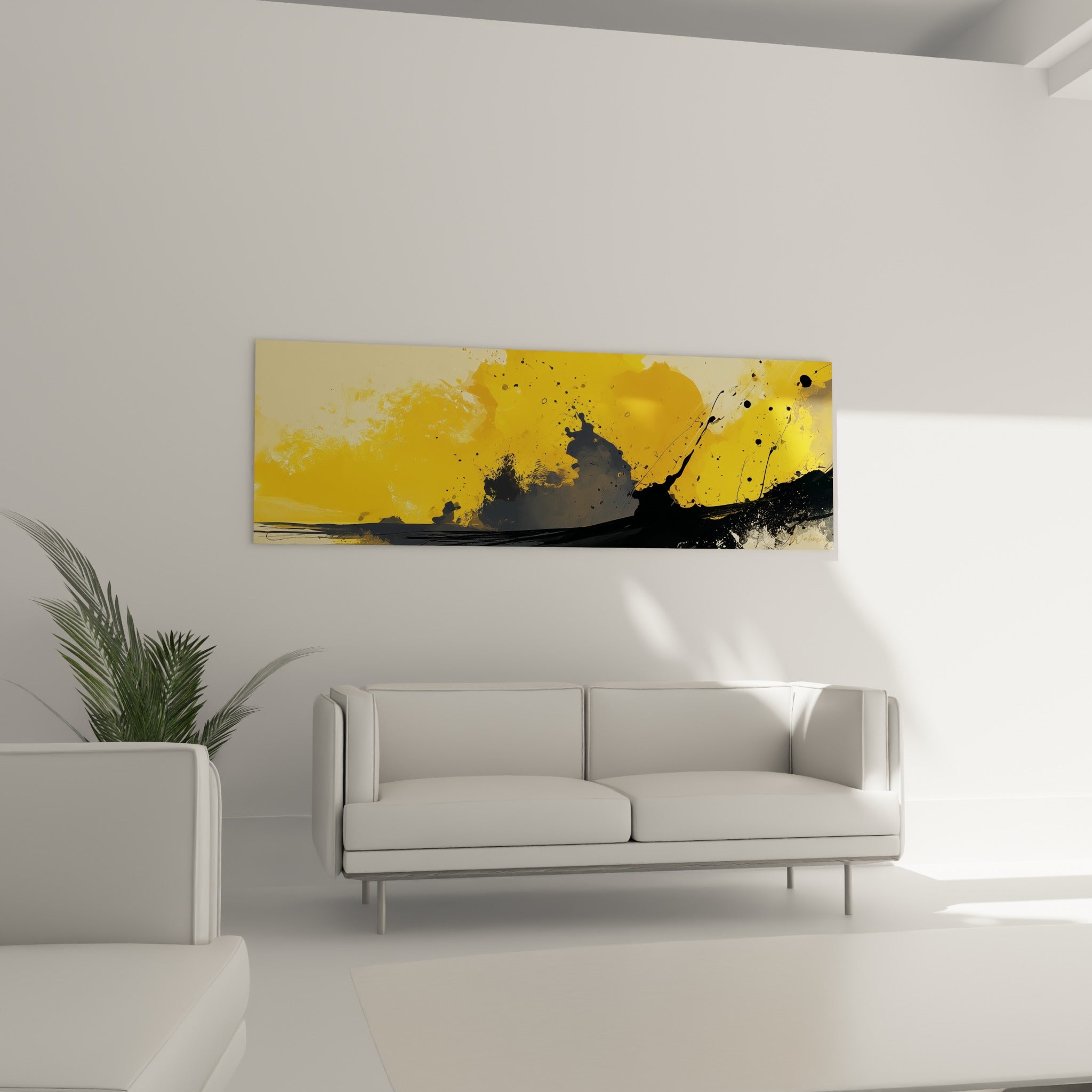 Projections jaunes et noires de ce tableau artistique abstrait, au-dessus d'un canapé dans un salon lumineux