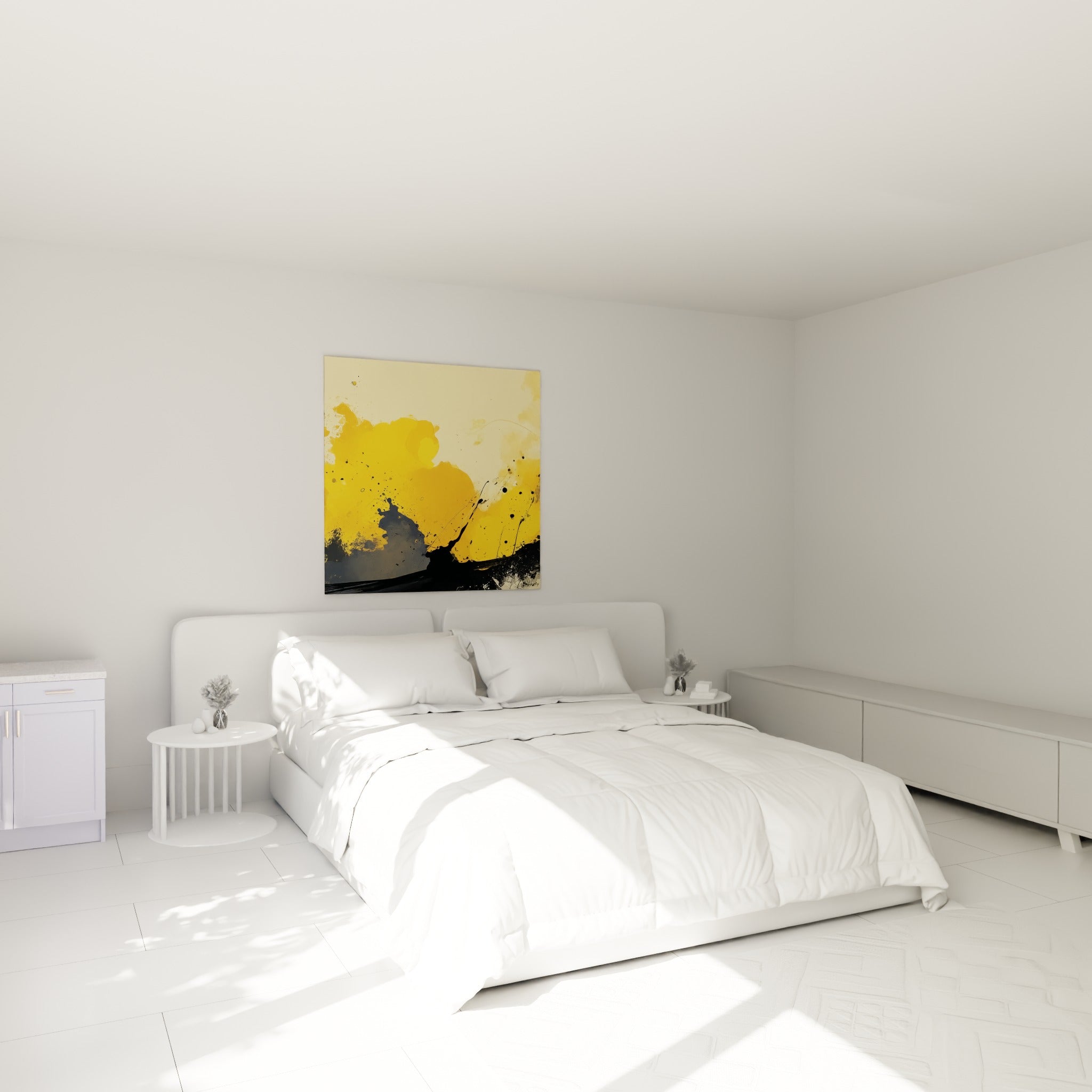 Projections jaune ocre et noir anthracite, tableau abstrait au-dessus d'un lit dans une chambre claire