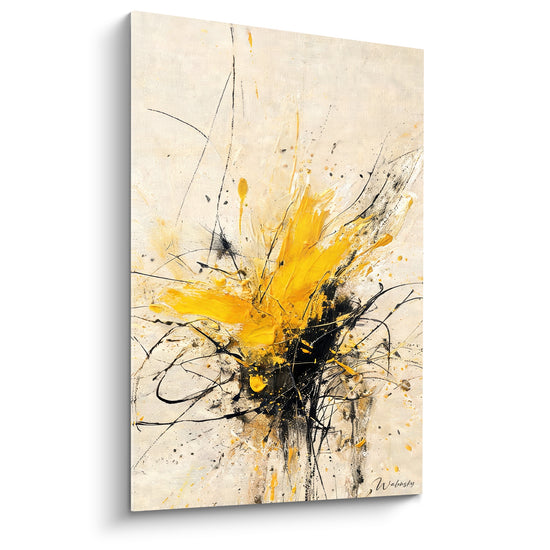 Tableau Explosion jaune et noire aux filaments nerveux - Nid d'épines enchevêtrées - Edition Artistique Abstrait