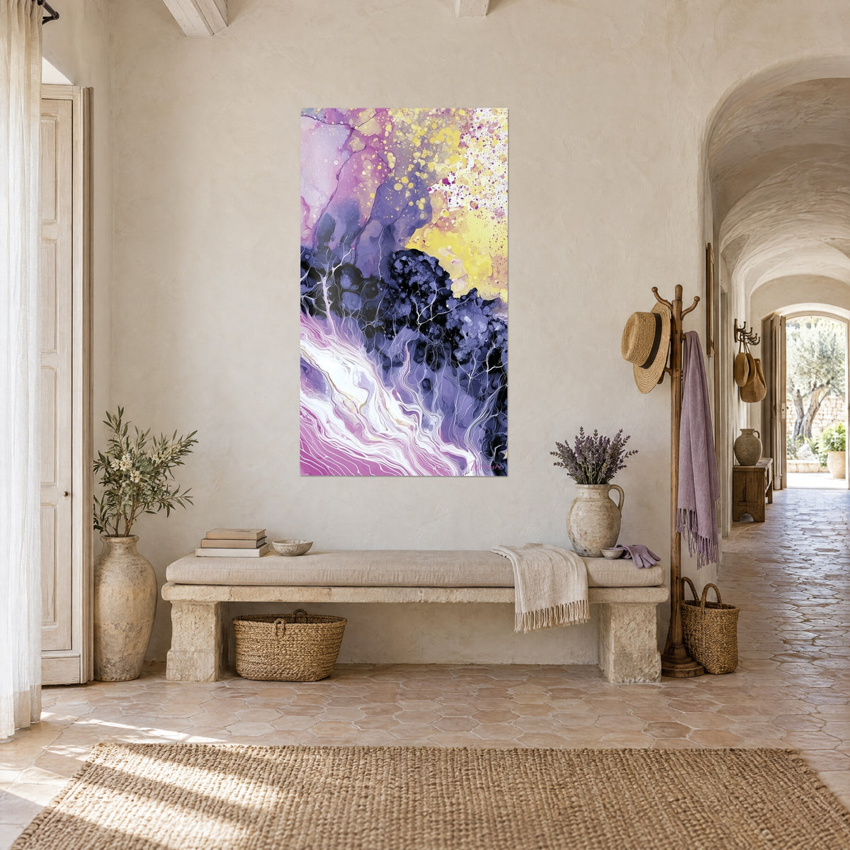 Wall art fractured dawn in mauve and lemon yellow, black mass veined with white, facing a stone bench in a vaulted corridor
