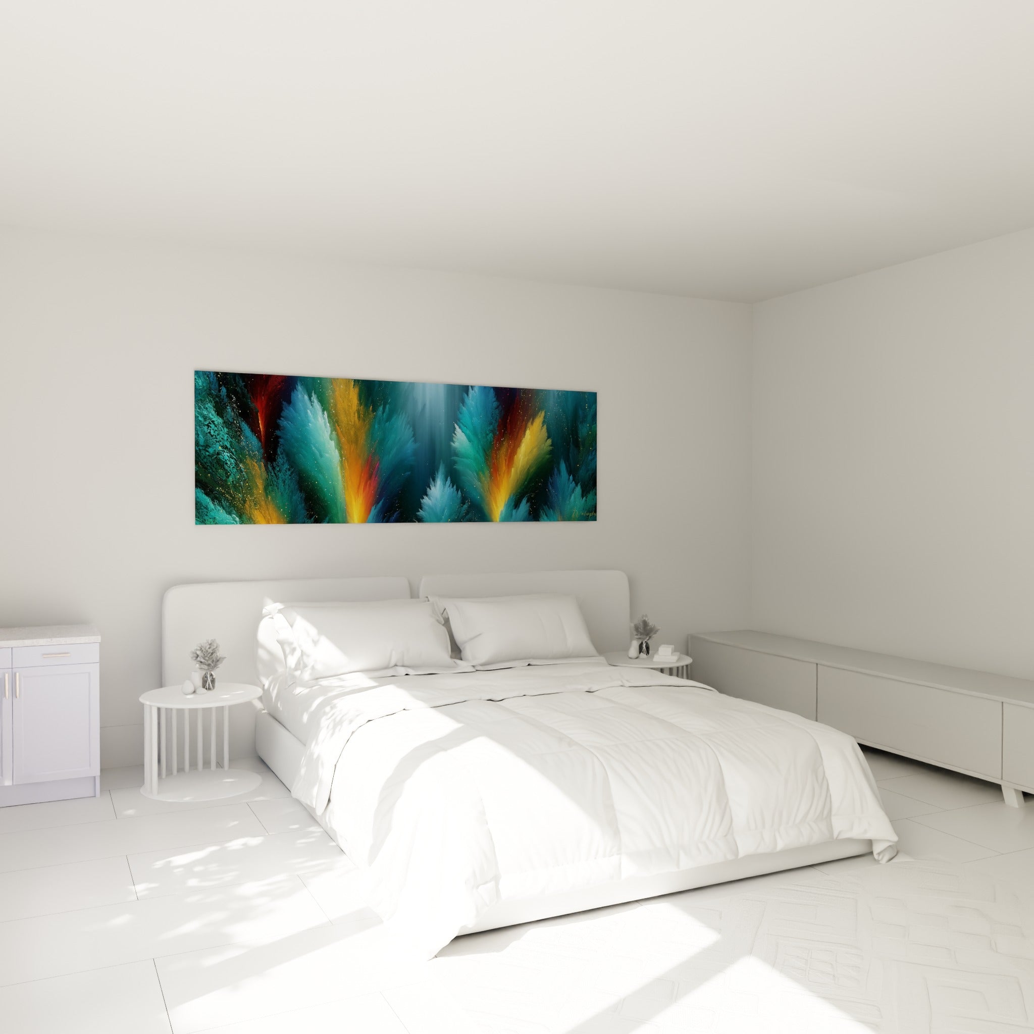 Formes turquoise et dorées jaillissant d'un fond anthracite, tableau abstrait au-dessus d'un lit dans une chambre claire