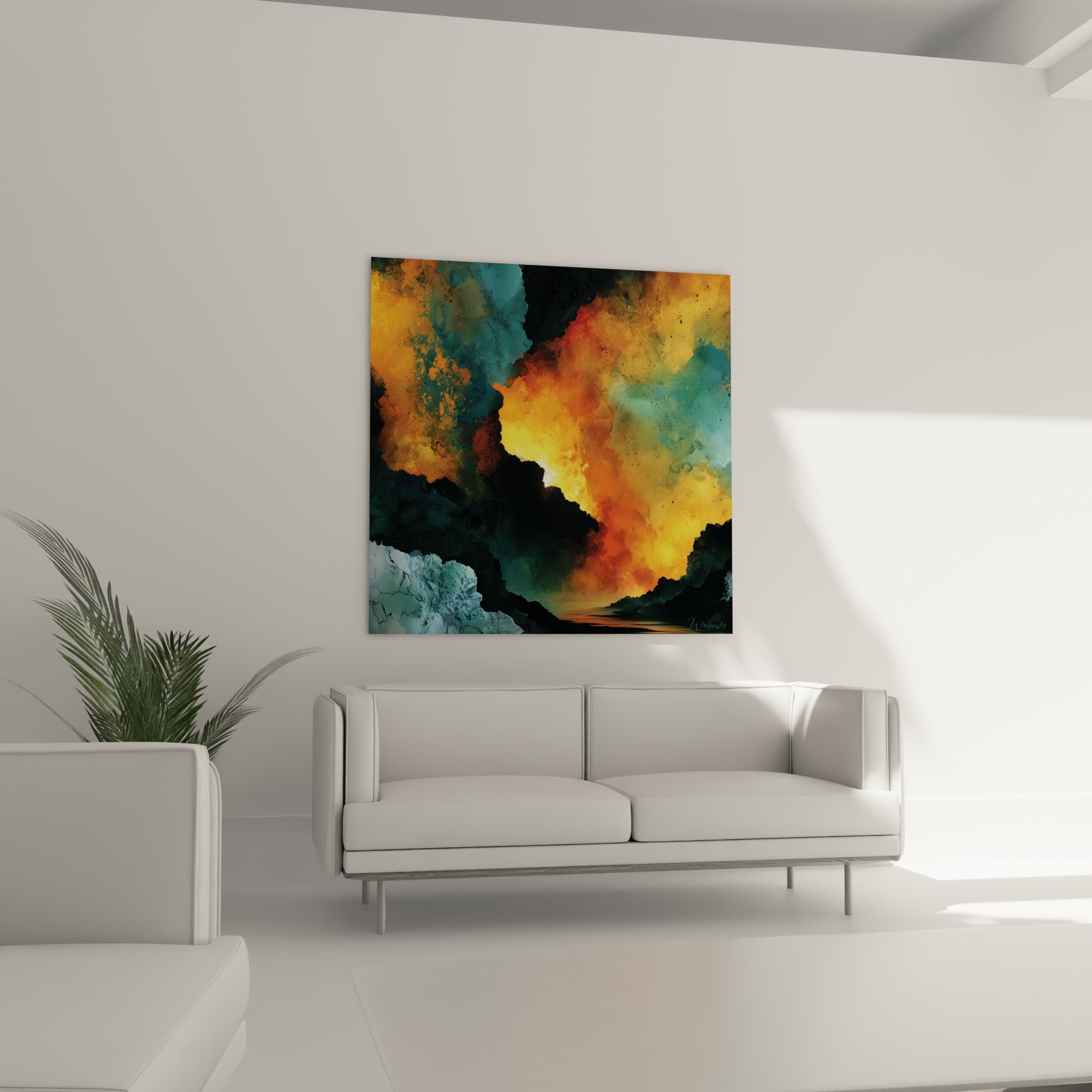 Lueur dorée perçant les nuages sarcelle et noirs au-dessus d'un canapé dans un salon lumineux