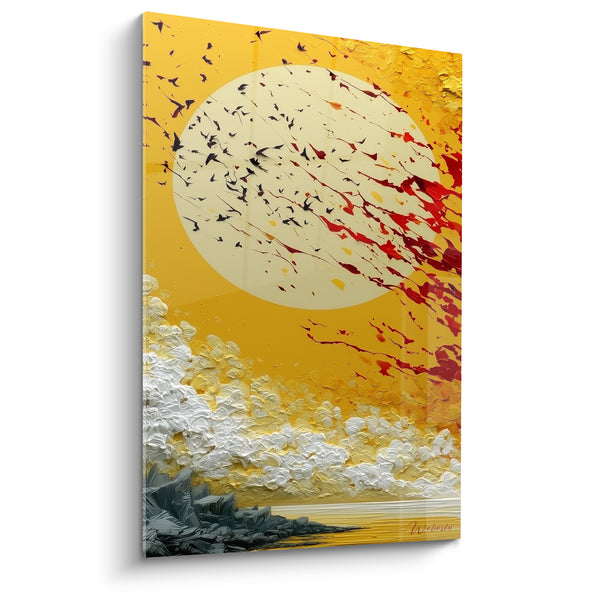 Ivory Moon Painting with Yellow and Red Birds - White Clouds and Rocks - Abstract Artistic Edition