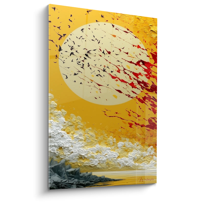 Tableau Lune ivoire aux oiseaux jaune et rouge - Nuages blancs et rochers - Edition Artistique abstrait