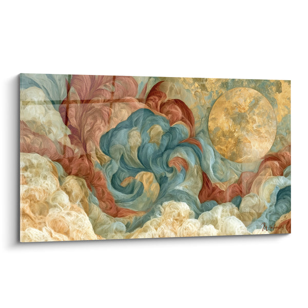 Cuadro Esfera Dorada Azul y Coral entre Volutas - Disco Solar Esponjoso - Edición Artística Abstracta