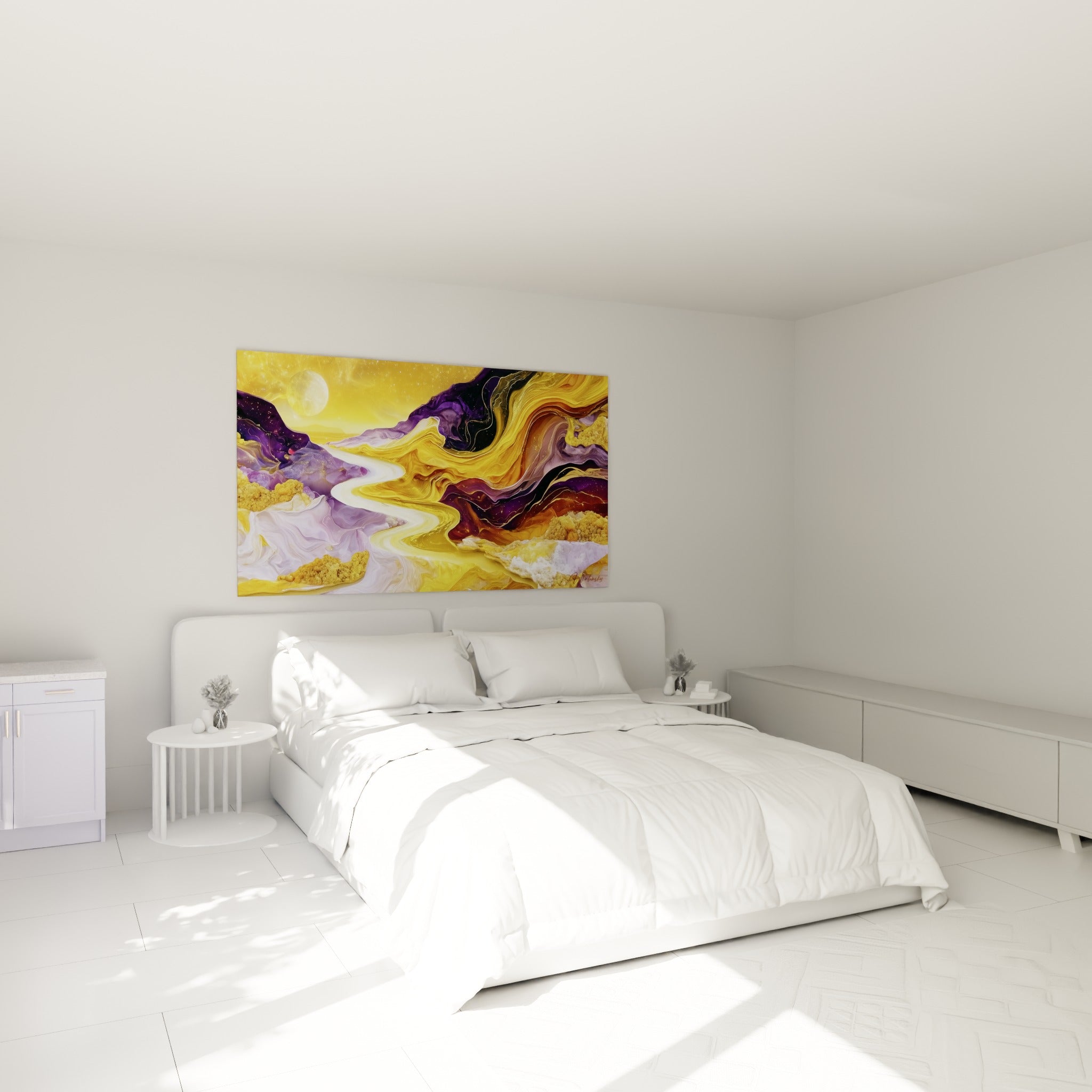 Paysage abstrait doré et violet aux courbes fluides, au-dessus d'un lit dans une chambre claire