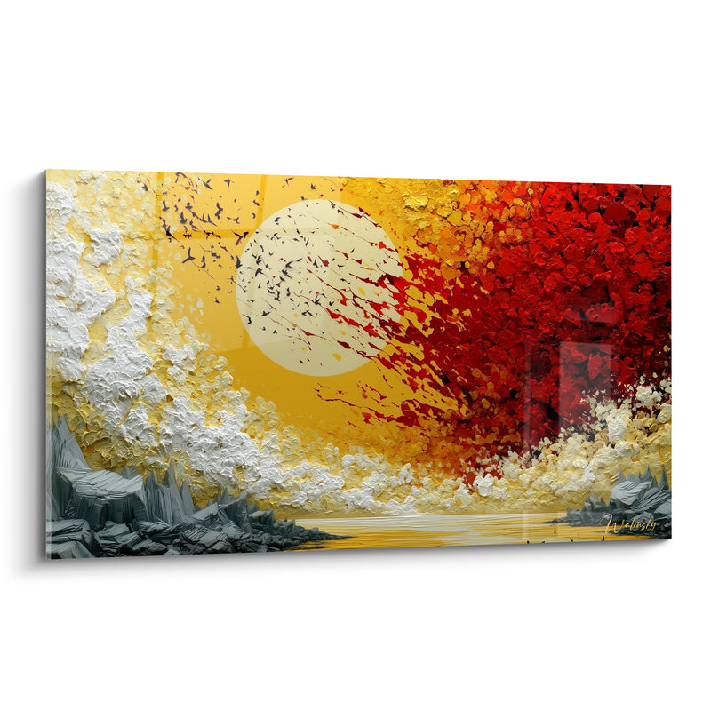 Tableau Lune rouge et blanche sur nuée d'oiseaux - Envol crépusculaire - Edition Artistique abstrait